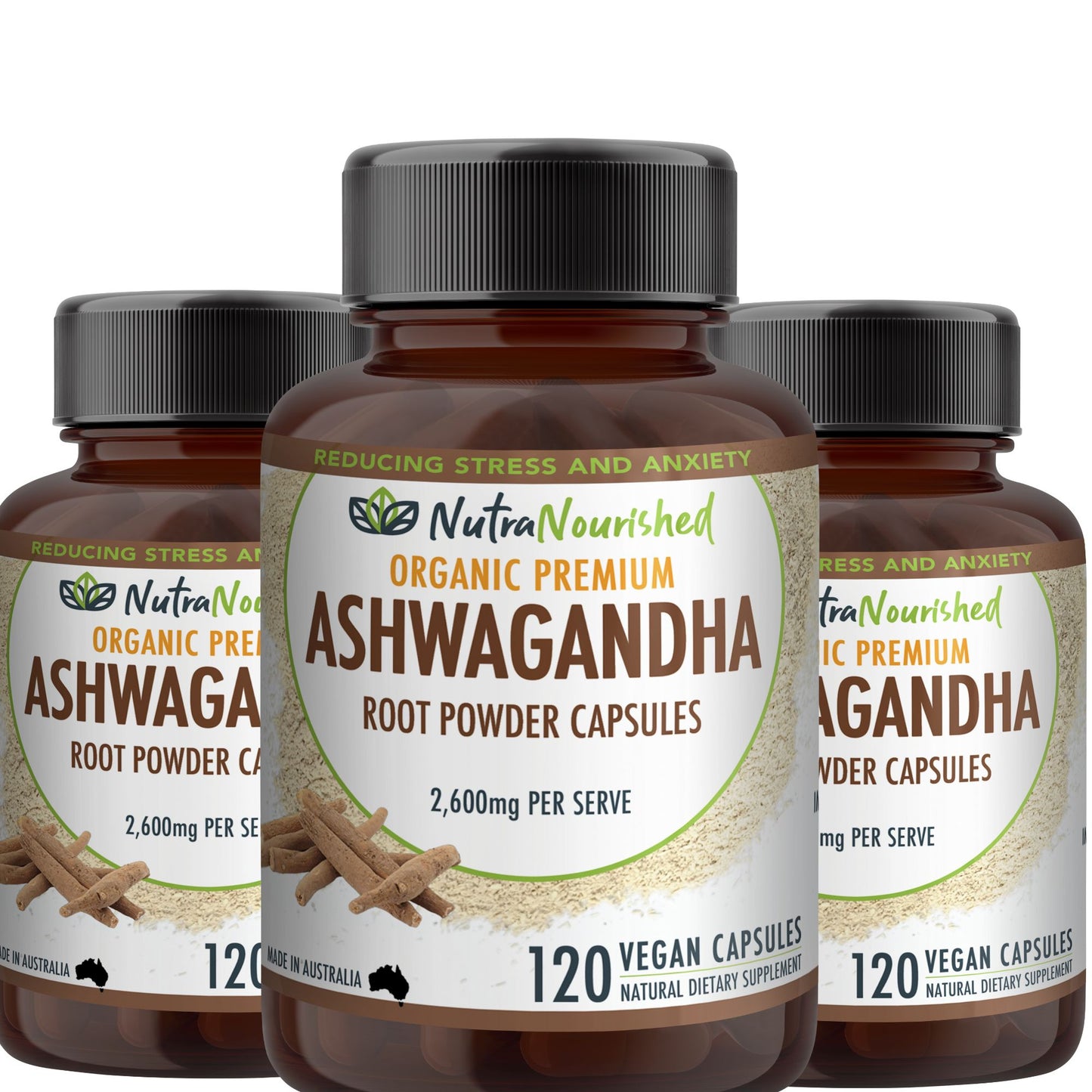 Light Gray Organic Ashwagandha (2,600mg) 120 Vegan Capsules
