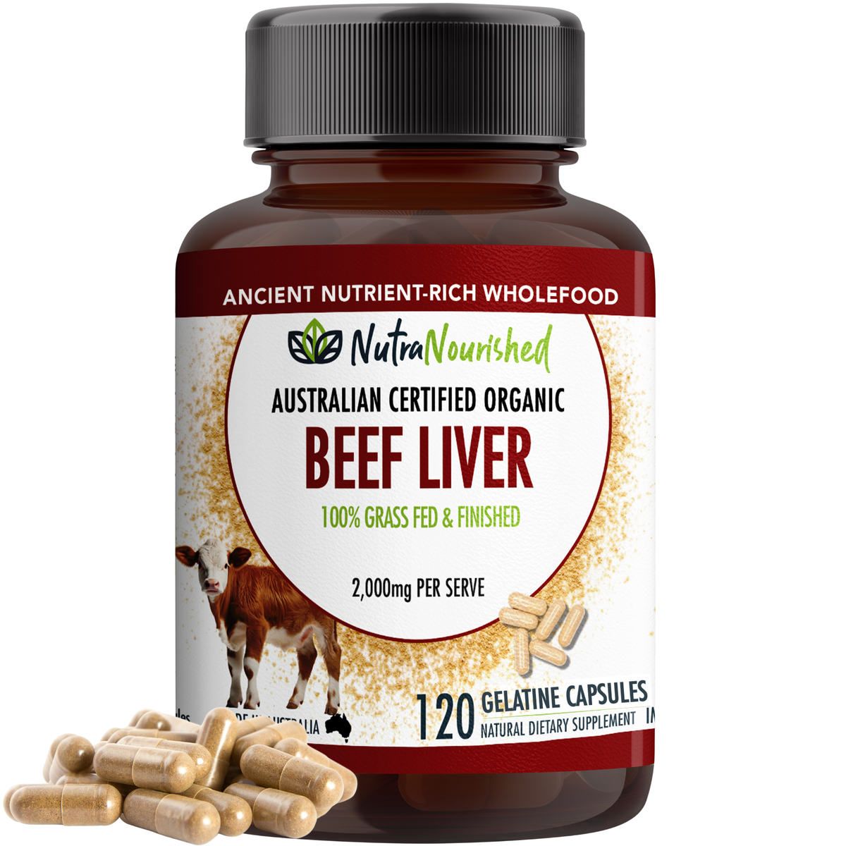 Nutra Nourished organic beef liver capsules, freeze-dried grass-fed Australian beef liver