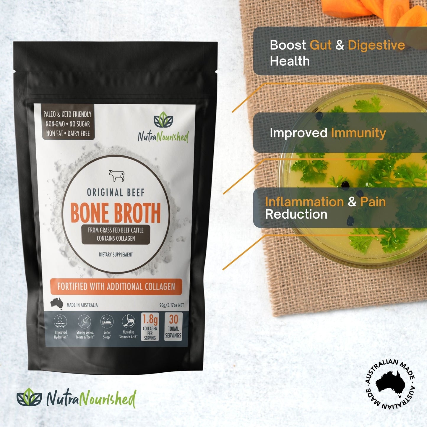 Bone Broth Beef Powder – Premium Grass - Fed – 90g – Gut & Joint Support – Made in Australia Dietary Supplement Nutra Nourished BONE_BROTH_BEEF_90G