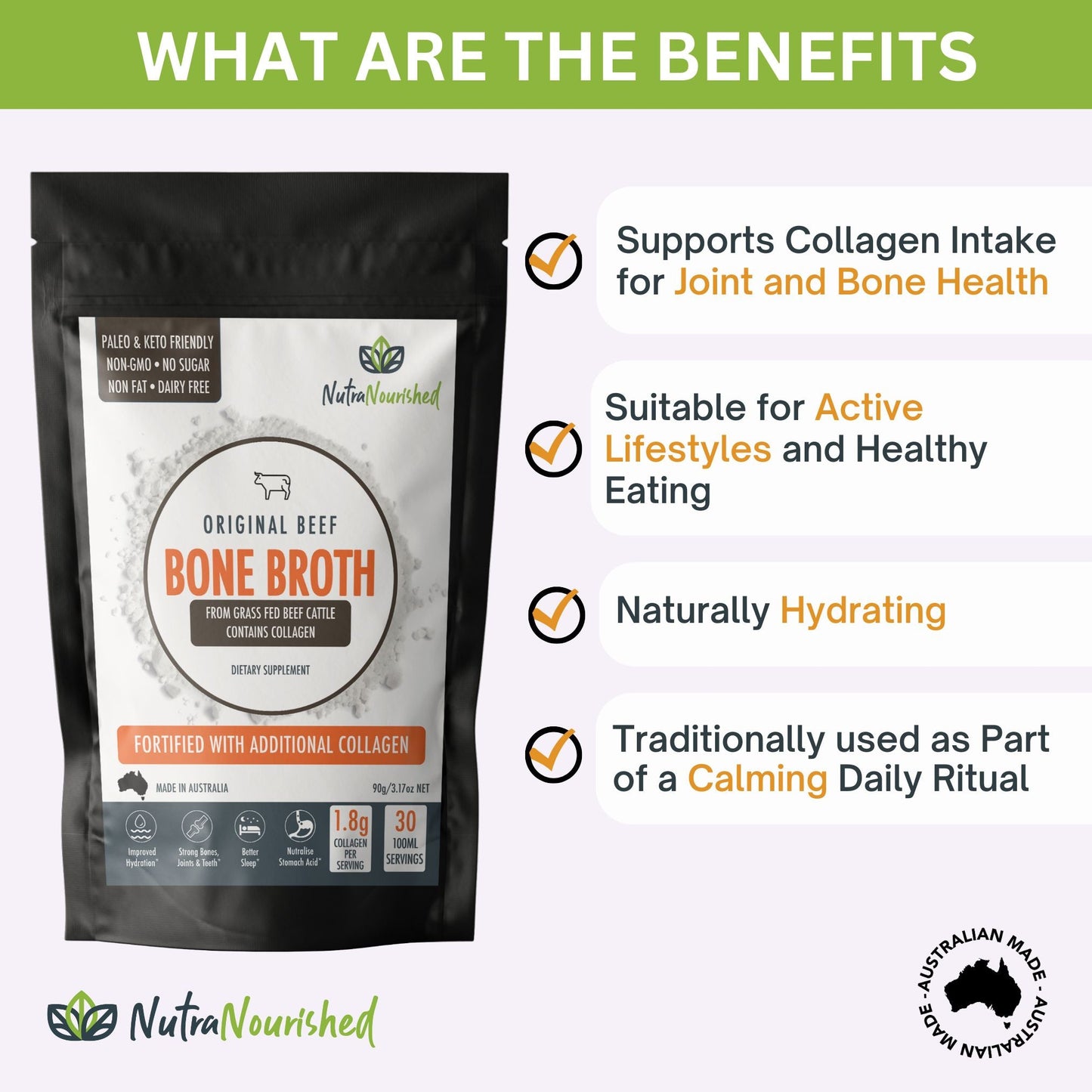 Bone Broth Beef Powder – Premium Grass - Fed – 90g – Gut & Joint Support – Made in Australia Dietary Supplement Nutra Nourished BONE_BROTH_BEEF_90G