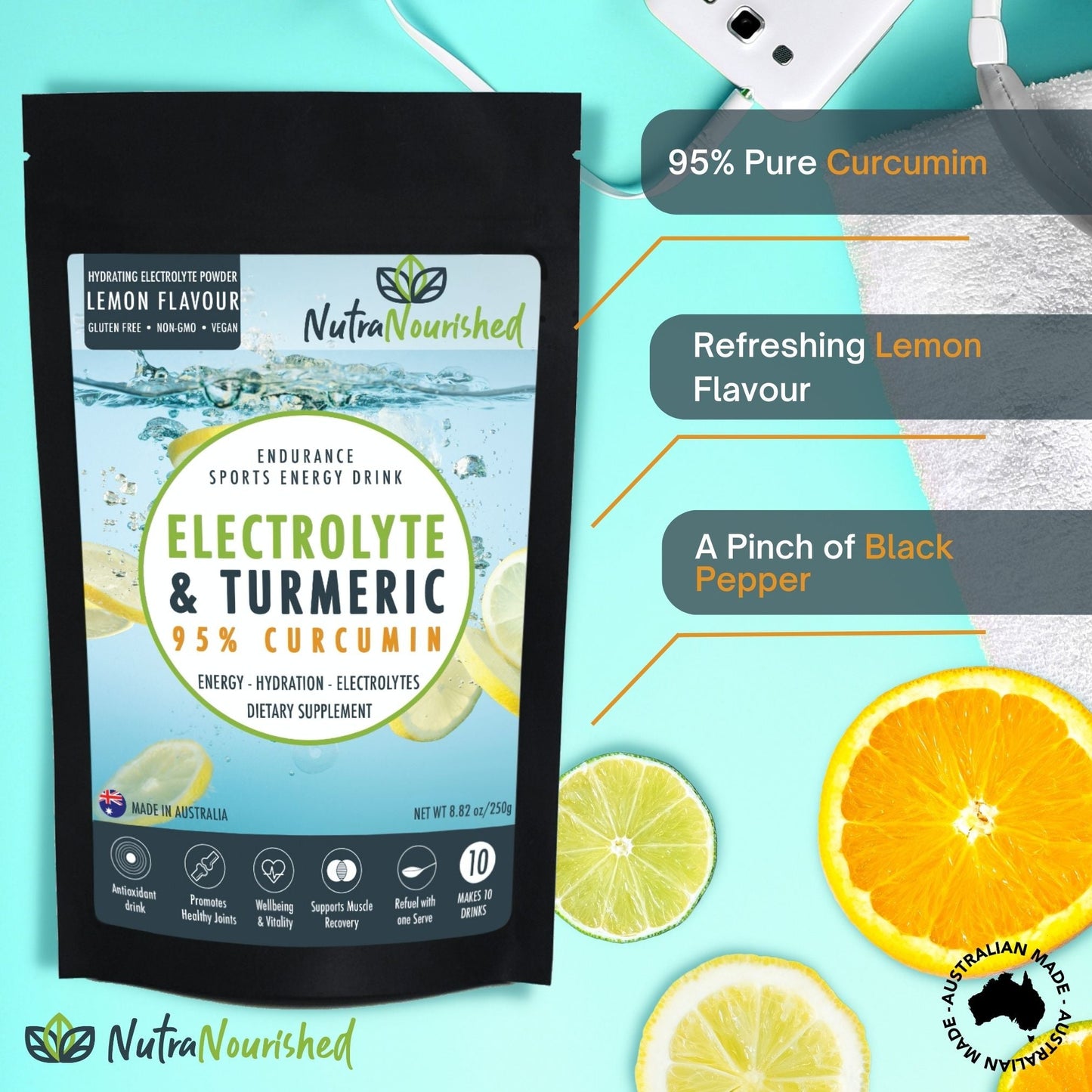 Electrolyte Hydration Powder – 150g – Sodium, Magnesium, Potassium – Supports Energy & Recovery Dietary Supplement Nutra Nourished ELECTRO_CURC_LEMON_250G_FBM