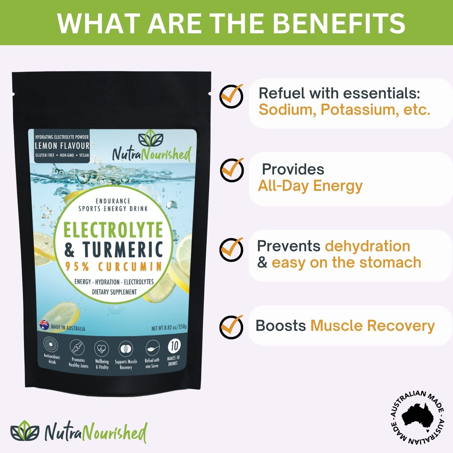 Electrolyte Hydration Powder – 150g – Sodium, Magnesium, Potassium – Supports Energy & Recovery Dietary Supplement Nutra Nourished ELECTRO_CURC_LEMON_250G_FBM