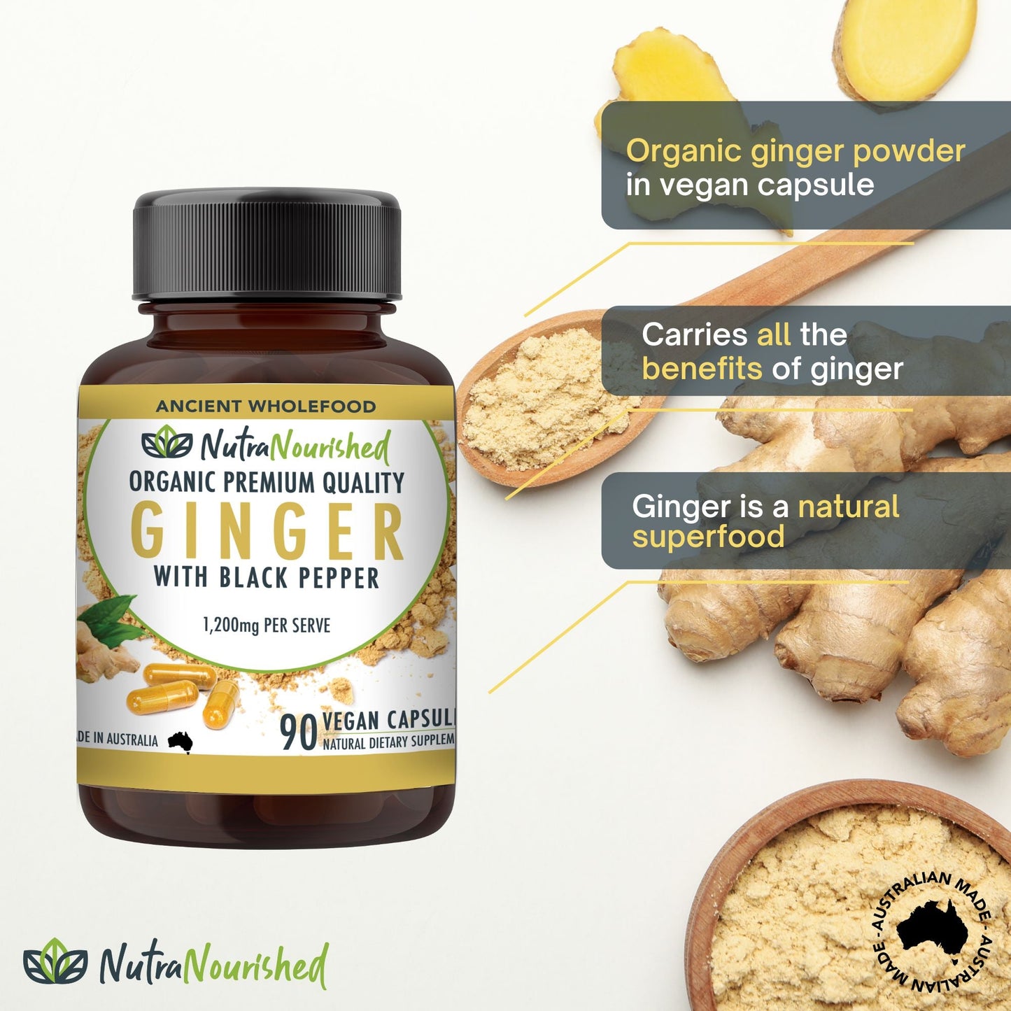 Dark Slate Gray Ginger Buffered with Black Pepper (1,200mg) 90 Vegan Capsules