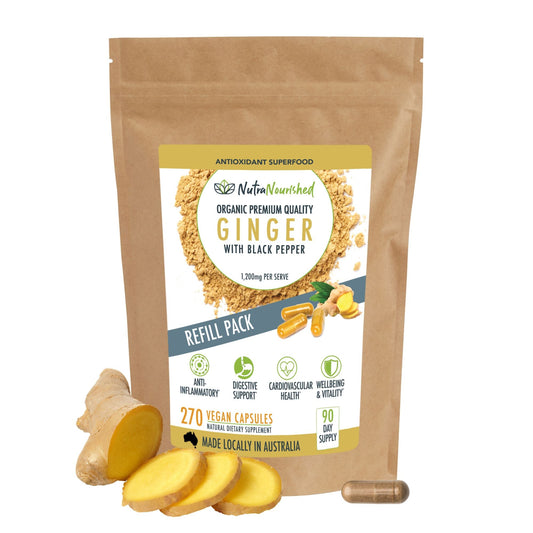 Dark Khaki Ginger Powder Capsules Buffered with Black Pepper - Refill Bag - 270 Vegan Capsules