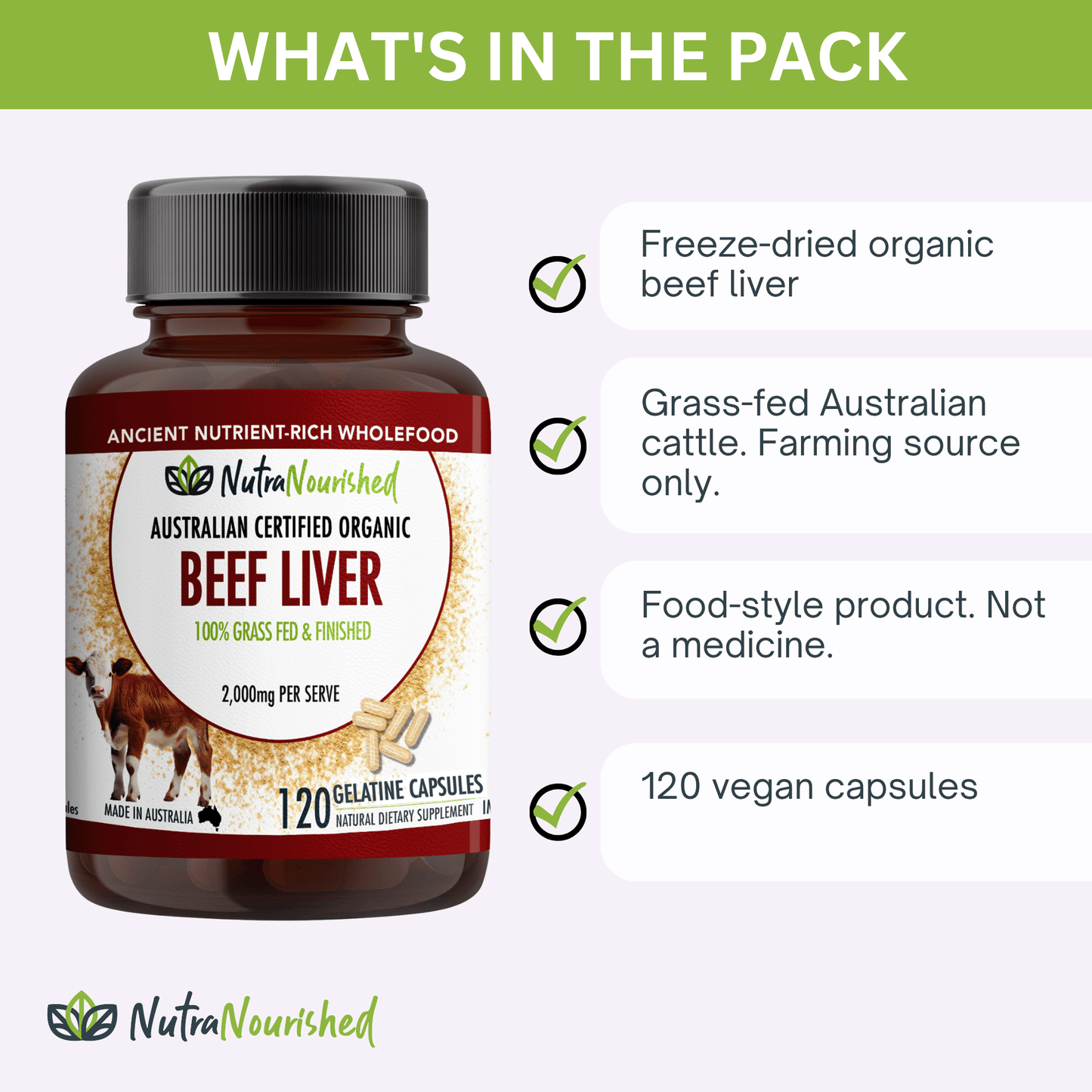 Organic beef liver capsules pack shot, 120 vegan capsules