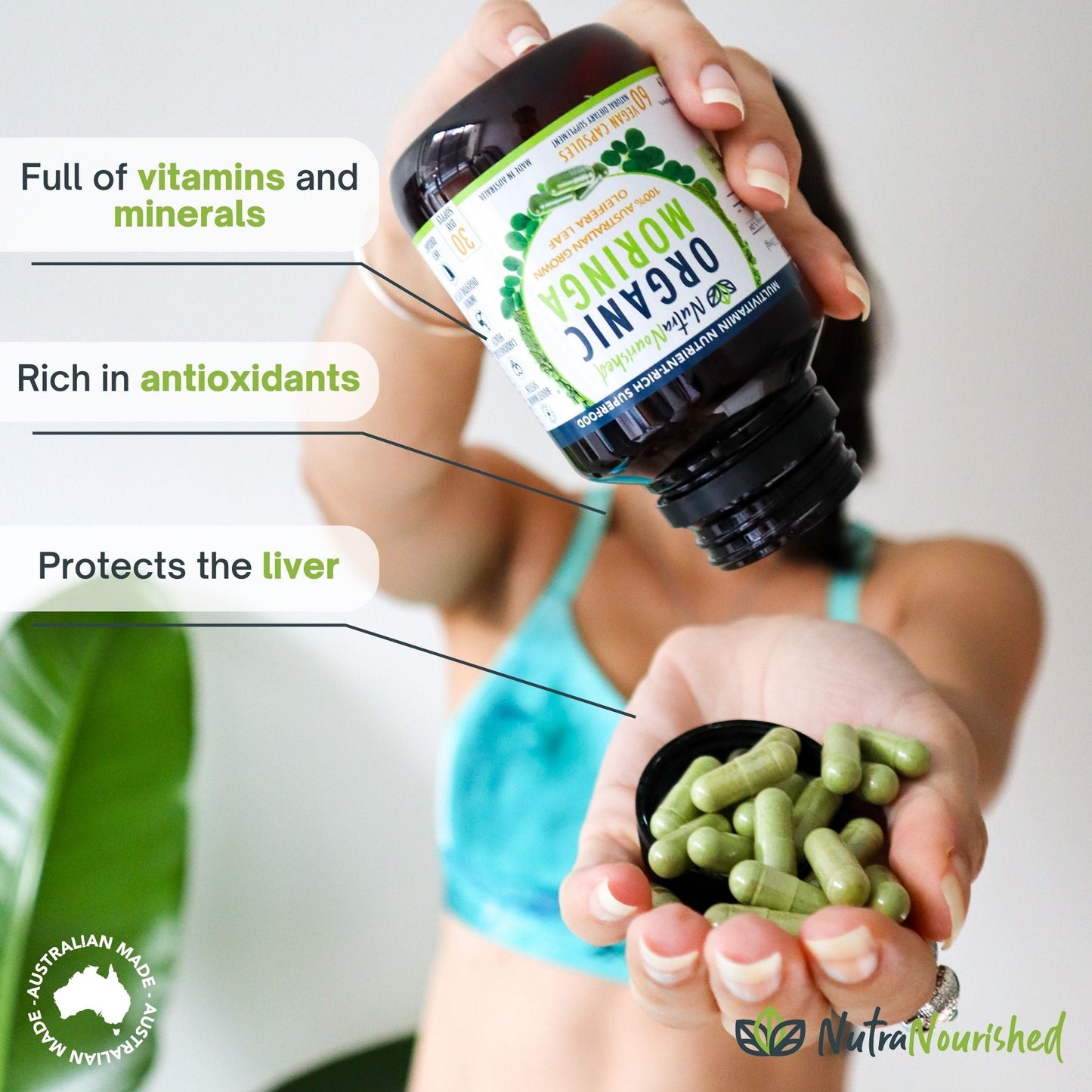 Light Gray Moringa Leaf Capsules Organic - 100% Natural Grown - 13 vitamins & minerals - 60 Caps