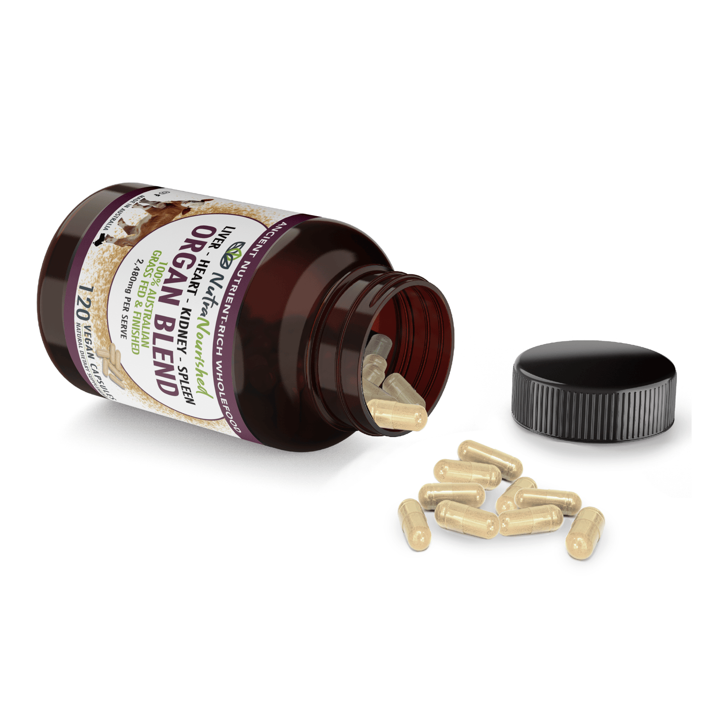 Light Gray Organic Organ Blend Capsules | Liver, Heart, Kidney, Spleen | Australian Grass-Fed Beef | 2,480mg