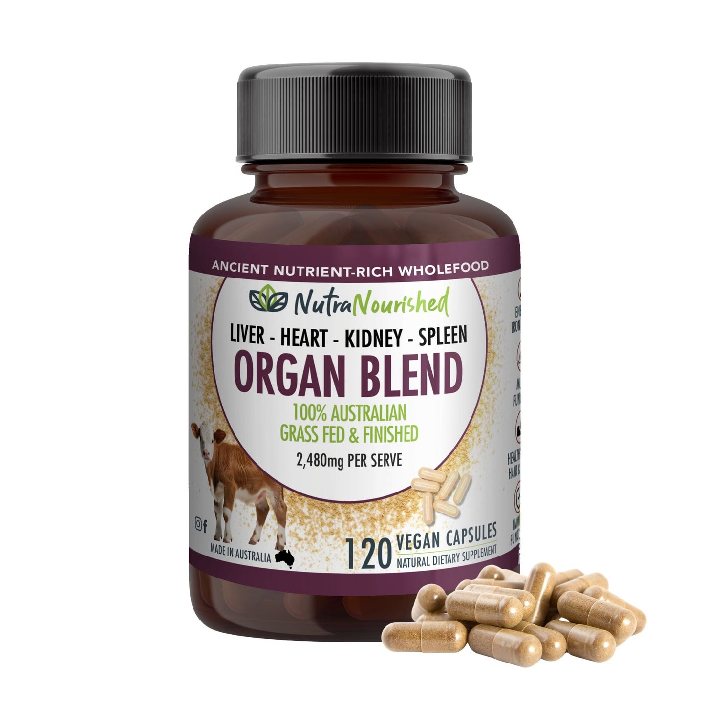 Gray Organic Organ Blend Capsules | Liver, Heart, Kidney, Spleen | Australian Grass-Fed Beef | 2,480mg