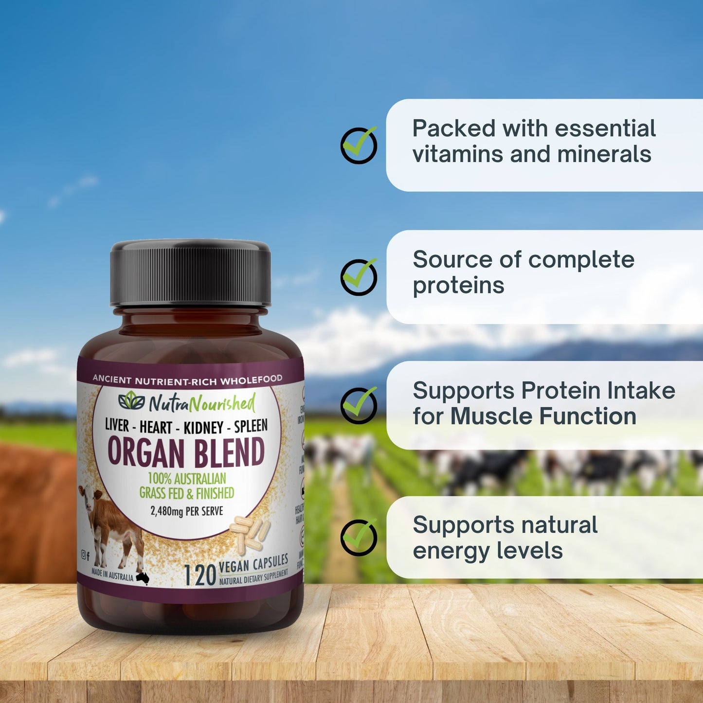 Light Gray Organic Organ Blend Capsules | Liver, Heart, Kidney, Spleen | Australian Grass-Fed Beef | 2,480mg
