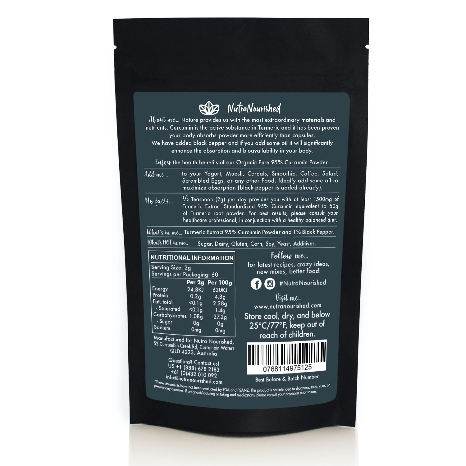 Dark Slate Gray Pure Organic 95% Curcumin Powder - 1500mg of Turmeric Extract Buffered with Black Pepper