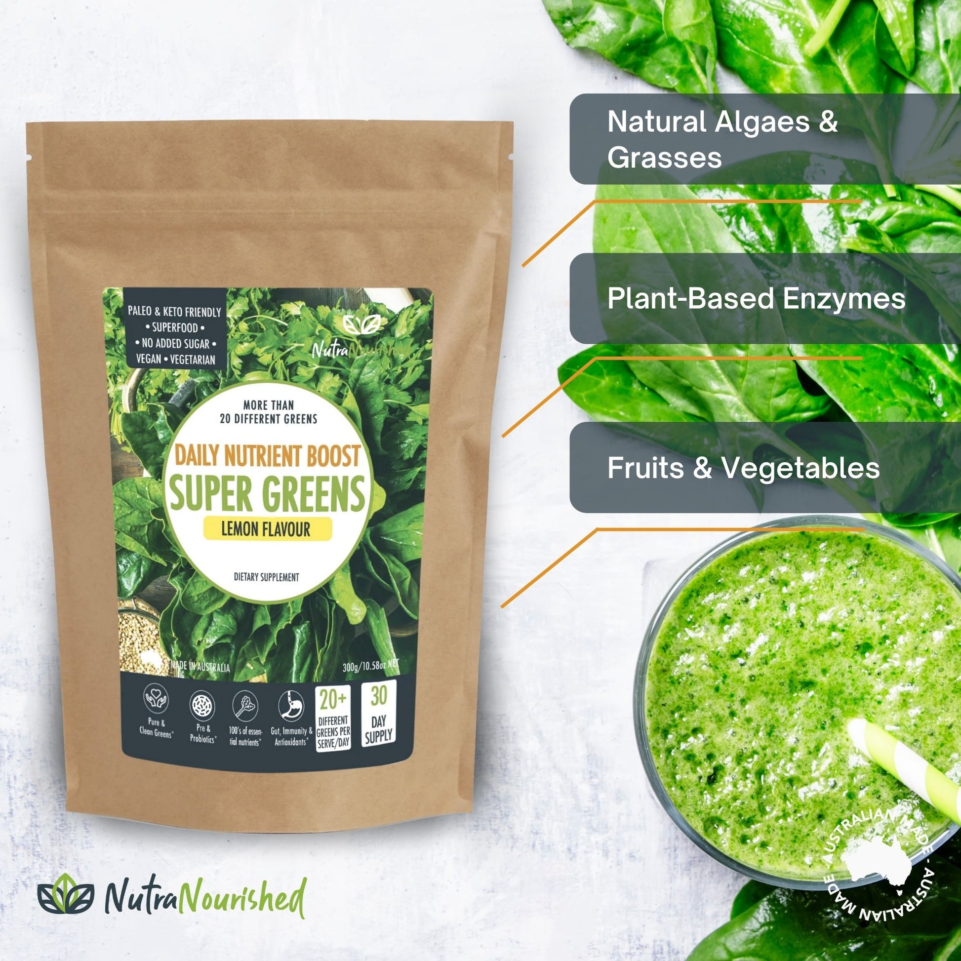 Light Gray Super Greens Powder – Energising Superfood Blend - Nutrients  and Vitamins of 20 Greens