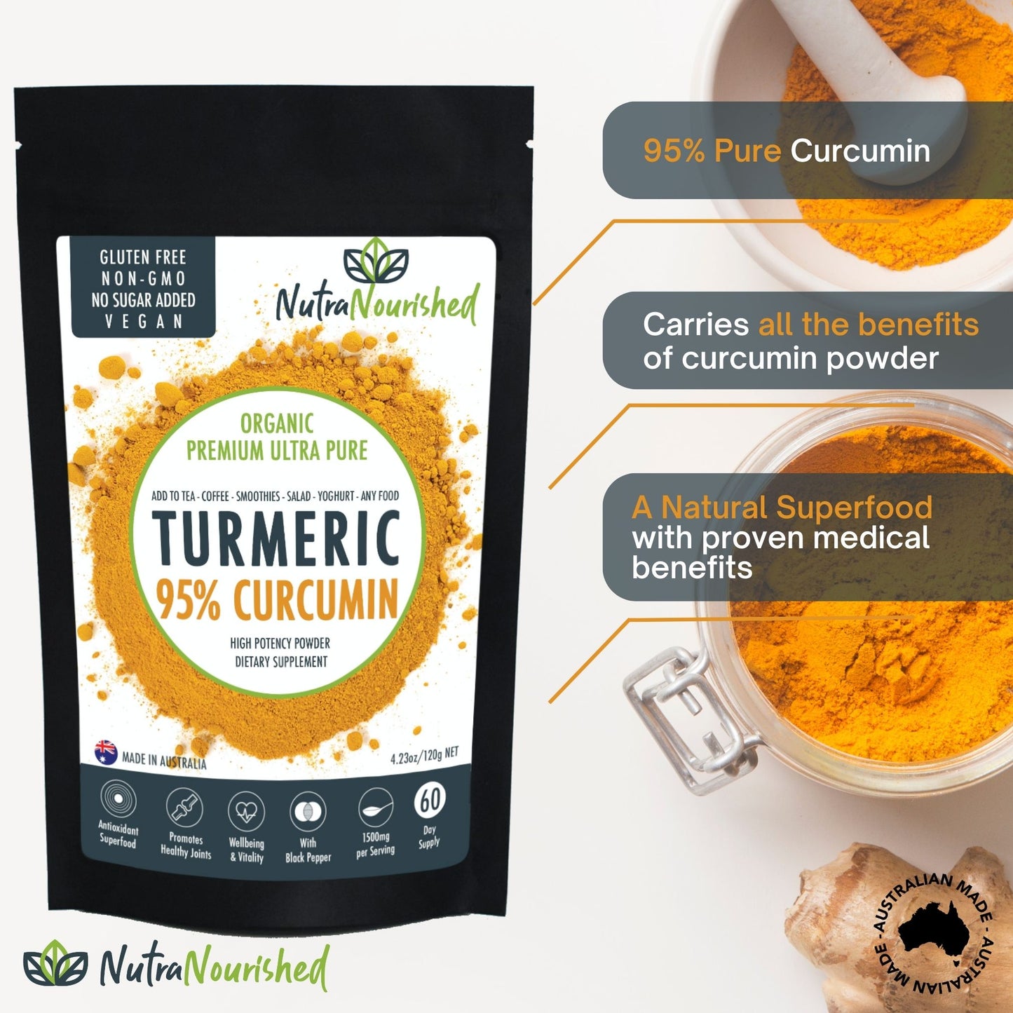 Antique White Pure Organic 95% Curcumin Powder - 1500mg of Turmeric Extract Buffered with Black Pepper