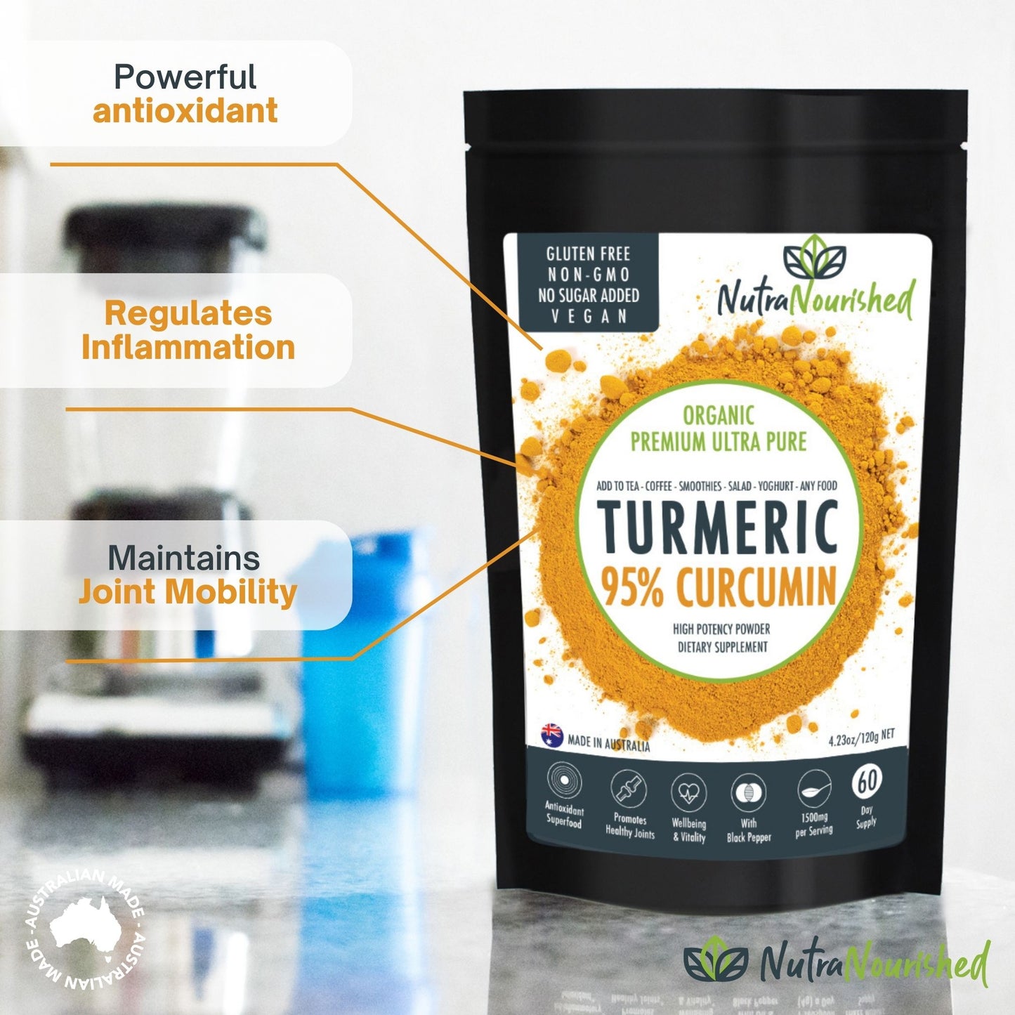 Dark Slate Gray Pure Organic 95% Curcumin Powder - 1500mg of Turmeric Extract Buffered with Black Pepper