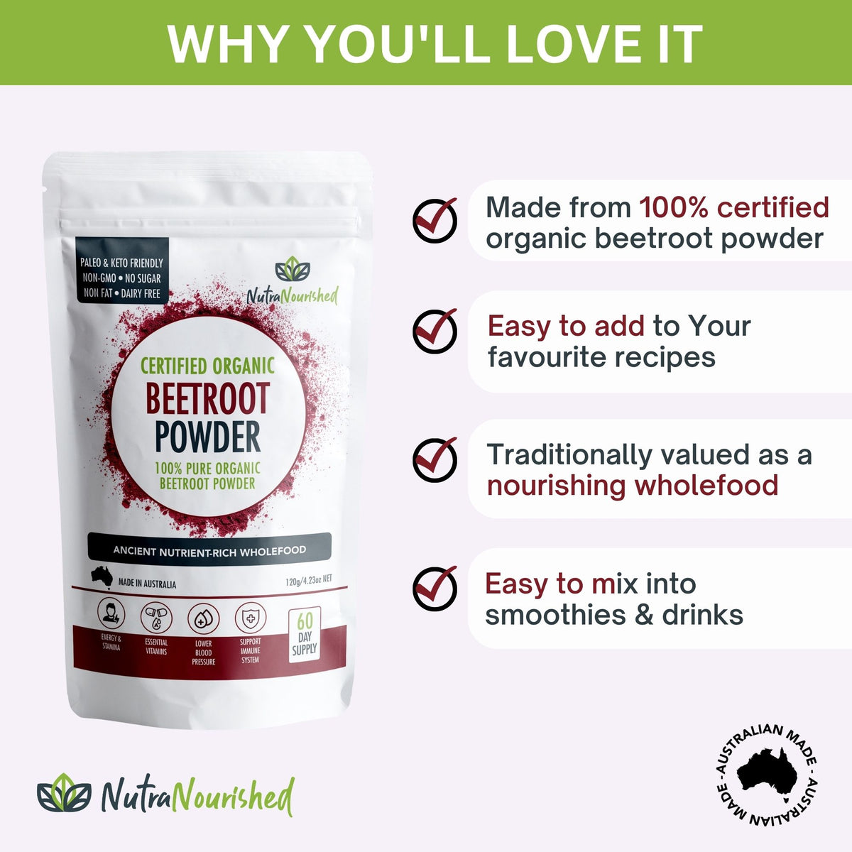 Organic Beetroot Powder Dietary Supplement Nutra Nourished BEETROOT_POWDER_60G