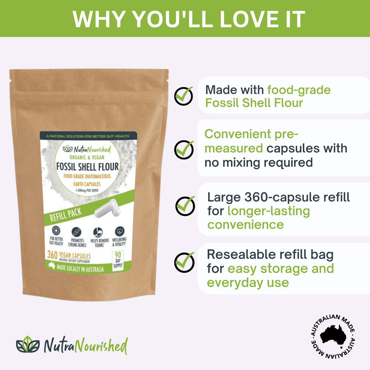 Nutra Nourished food-grade fossil shell flour capsules refill bag FSF_CAPS_360