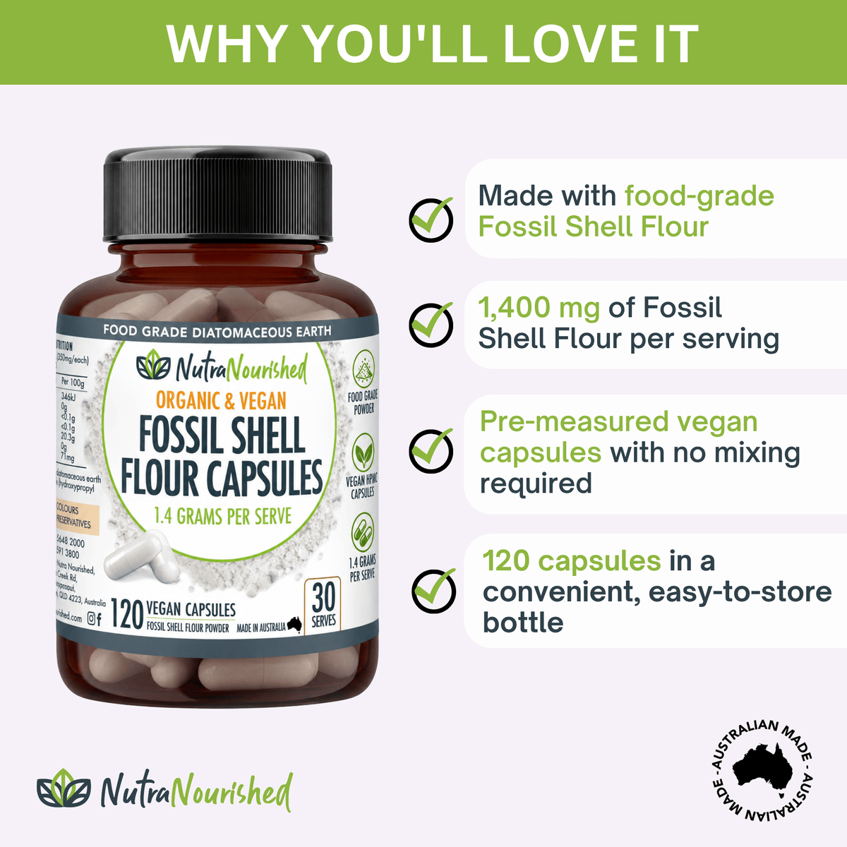Nutra Nourished food-grade fossil shell flour capsules bottle