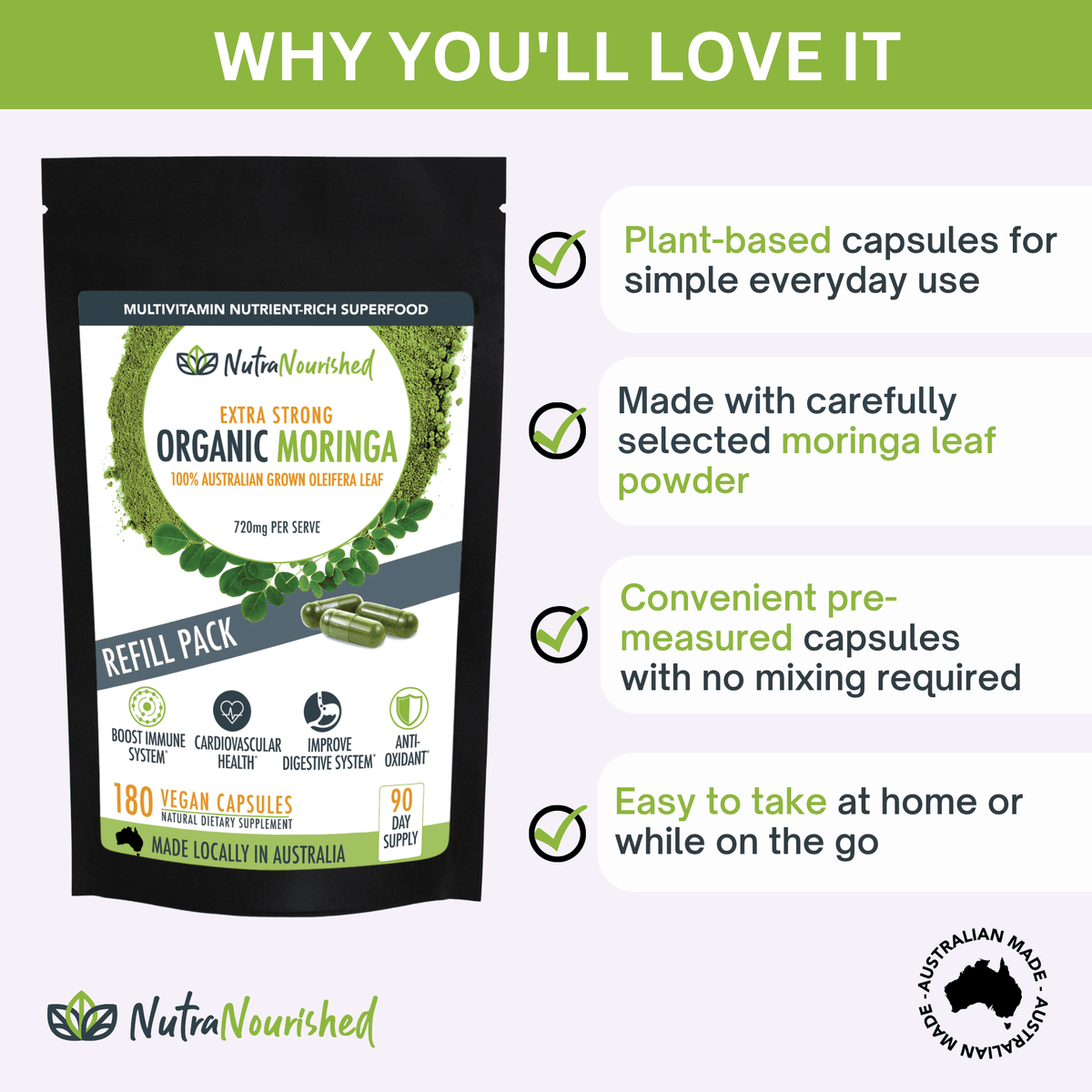 Organic Moringa Leaf Capsules - Refill Bag Food Nutra Nourished MORINGA_CAPS_180_refill