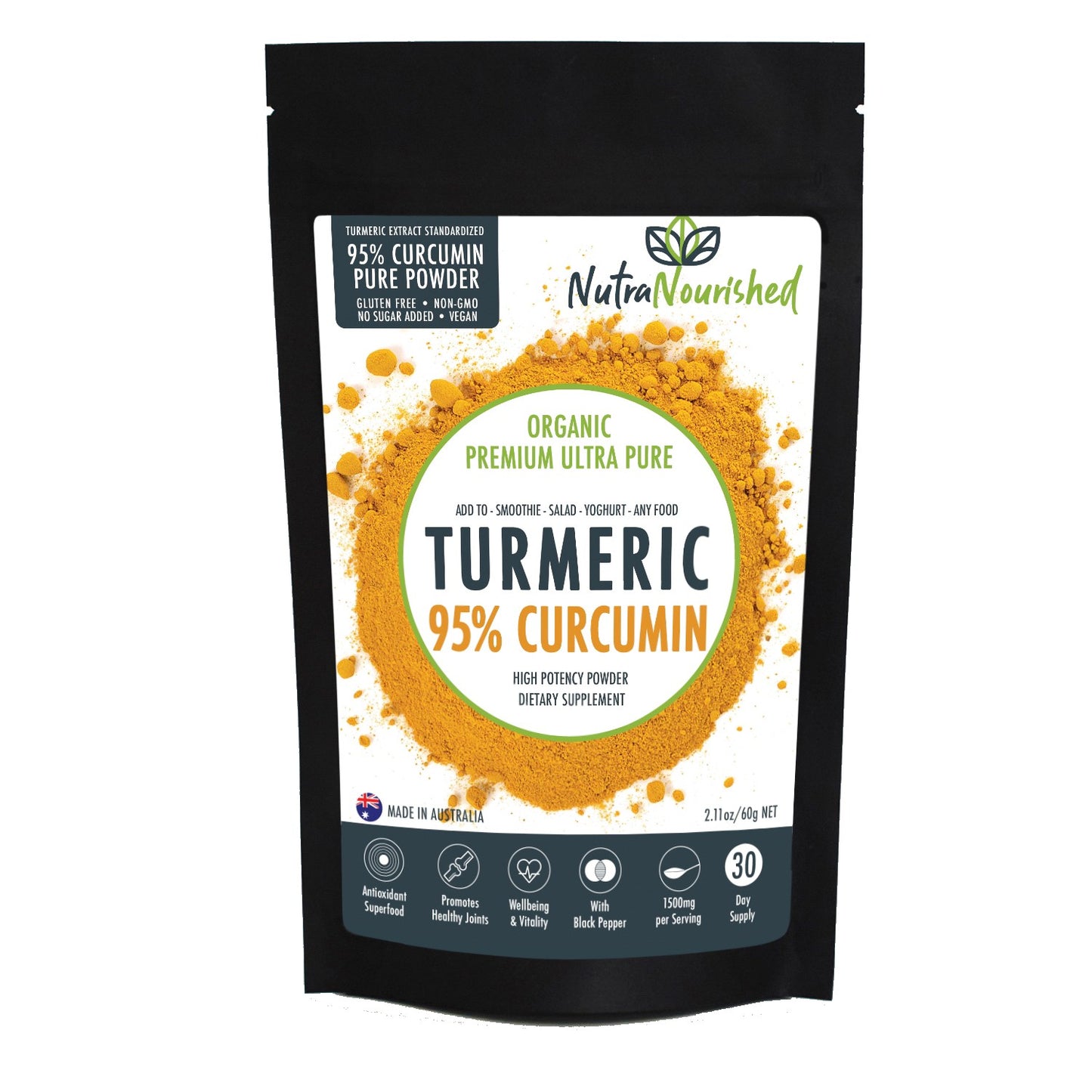 Dark Slate Gray Pure Organic 95% Curcumin Powder - 1500mg of Turmeric Extract Buffered with Black Pepper