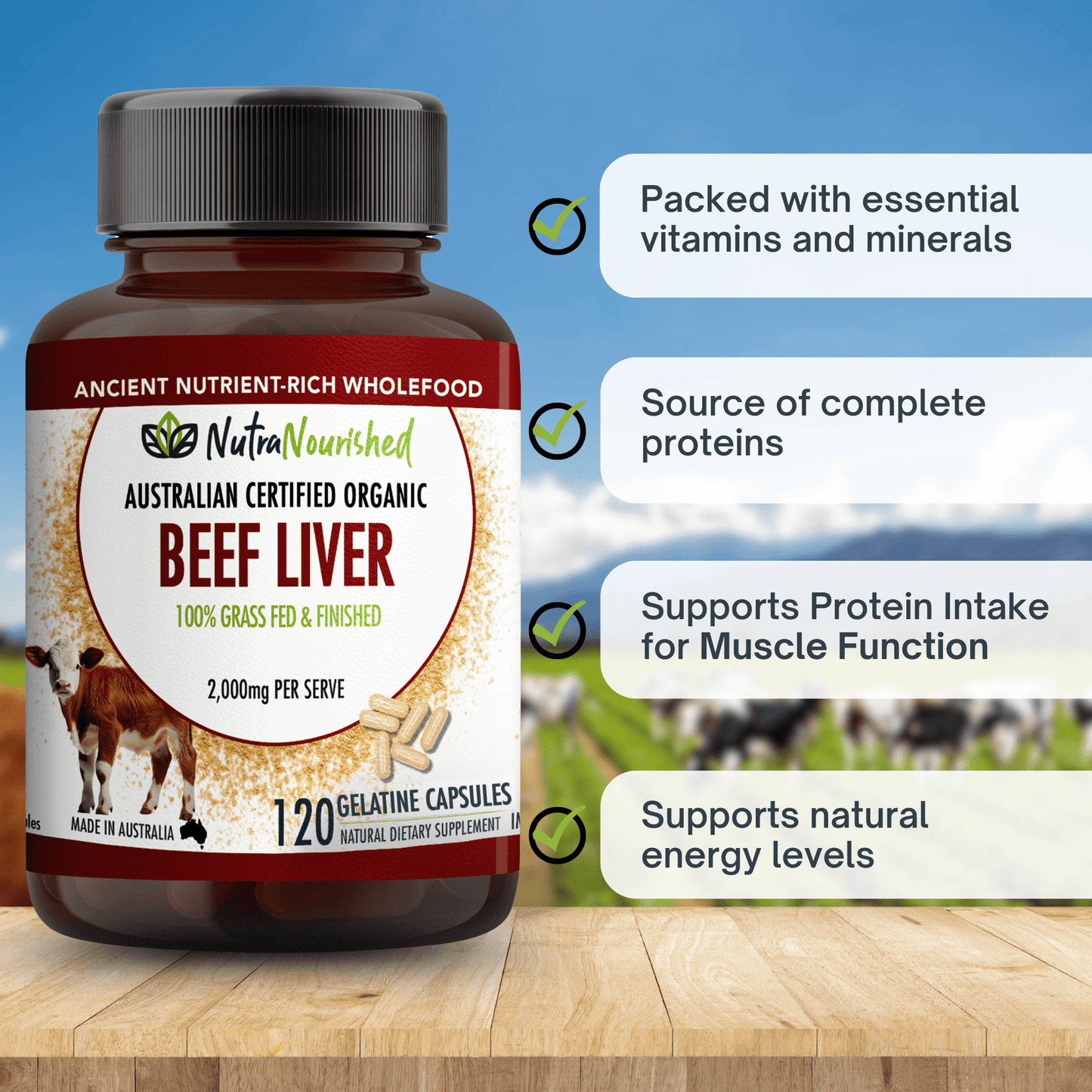 Light Gray Beef Liver Capsules | Organic 100% Grass-Fed Australian Beef Liver Supplements
