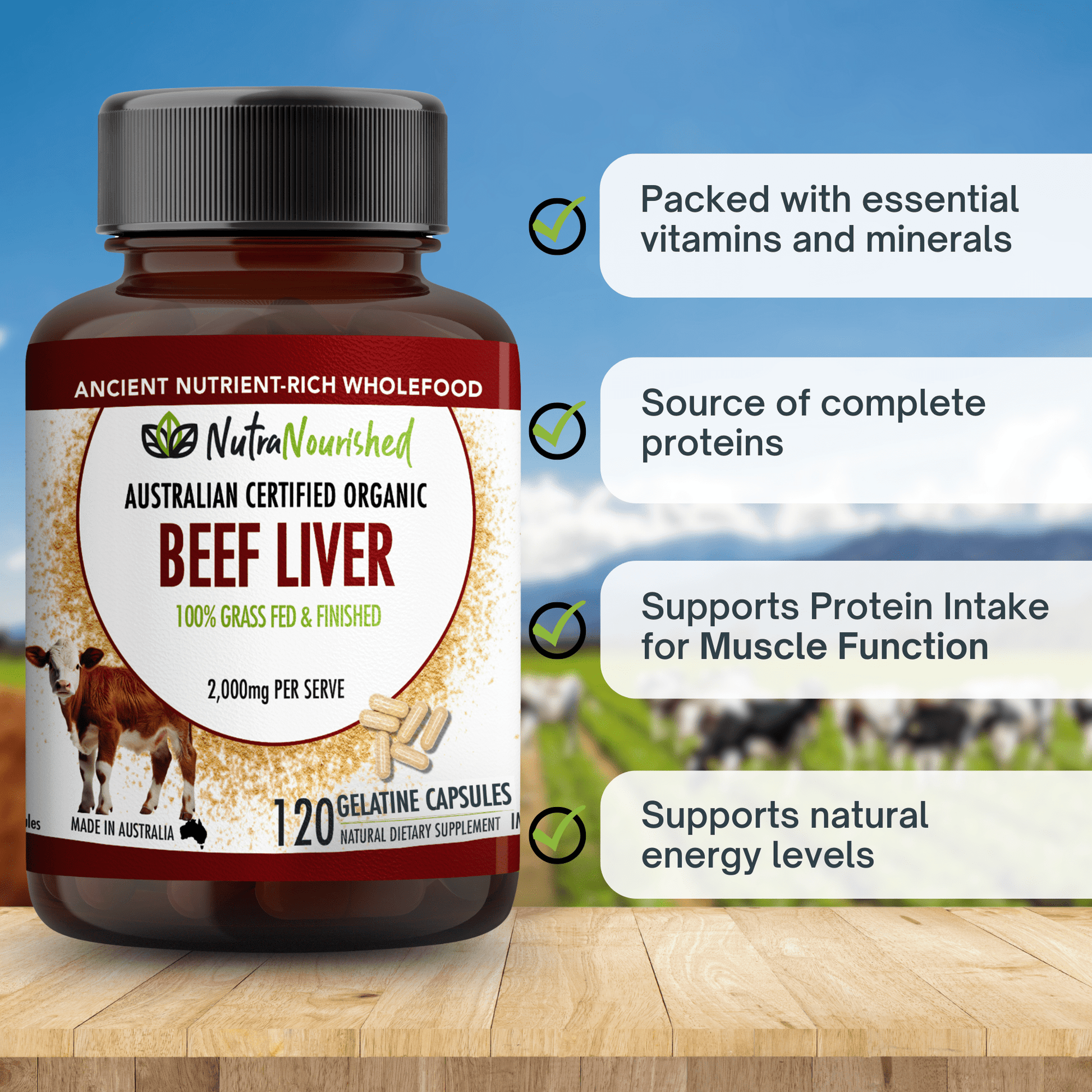 Light Gray Beef Liver Capsules | Organic 100% Grass-Fed Australian Beef Liver Supplements