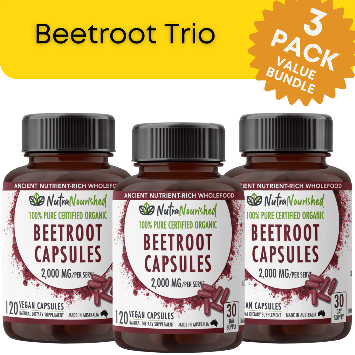 Nutra Nourished Beetroot Trio: three bottles of organic beetroot capsules