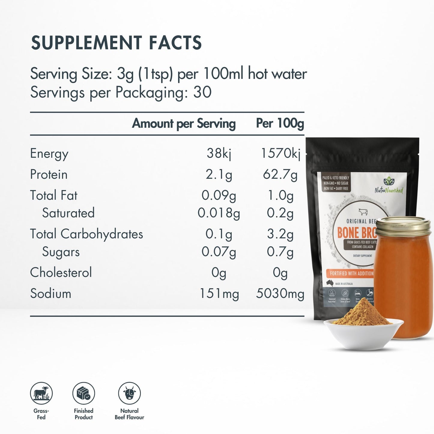 Bone Broth Beef Powder – Premium Grass - Fed – 90g – Gut & Joint Support – Made in Australia Dietary Supplement Nutra Nourished BONE_BROTH_BEEF_90G