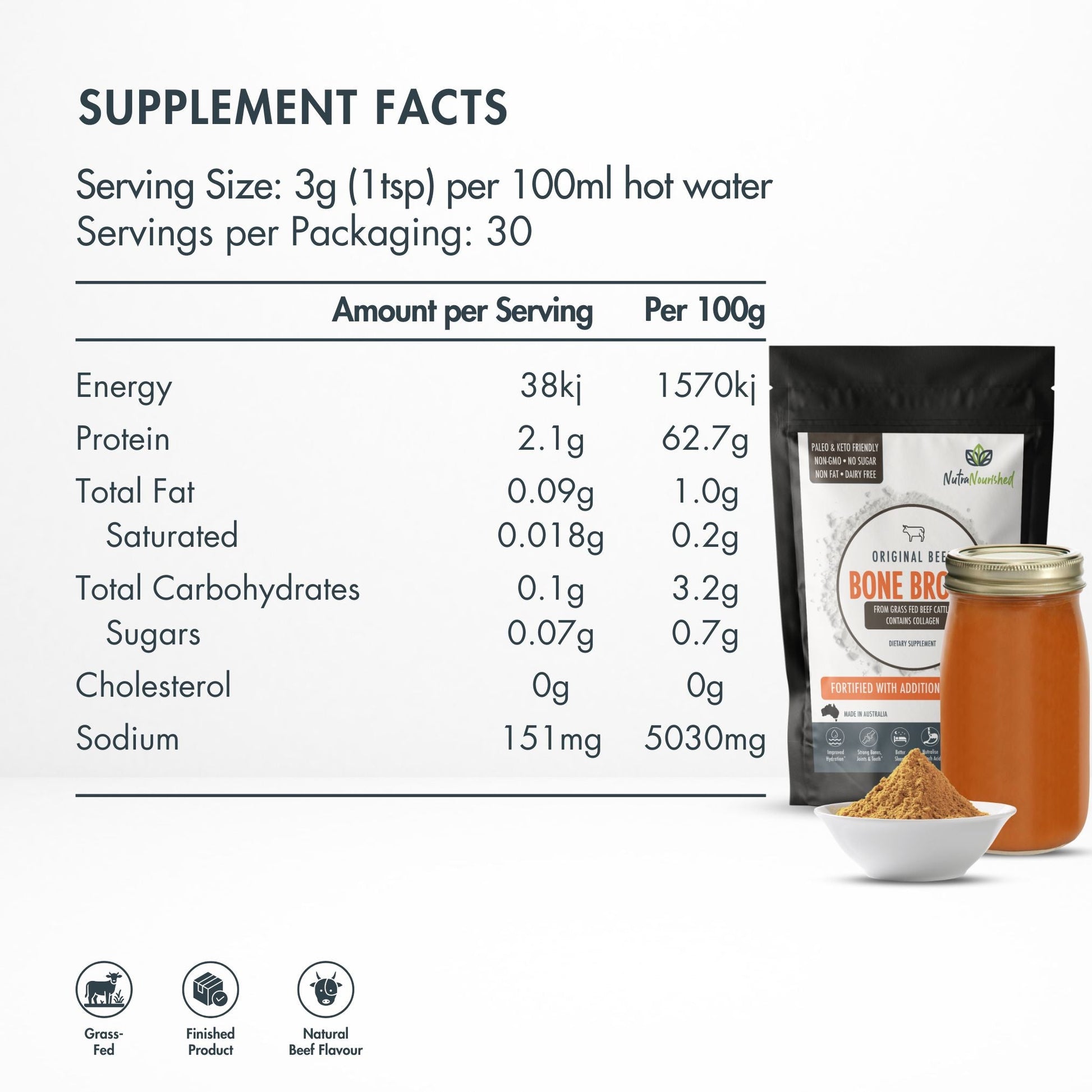 Bone Broth Beef Powder – Premium Grass - Fed – 90g – Gut & Joint Support – Made in Australia Dietary Supplement Nutra Nourished BONE_BROTH_BEEF_90G