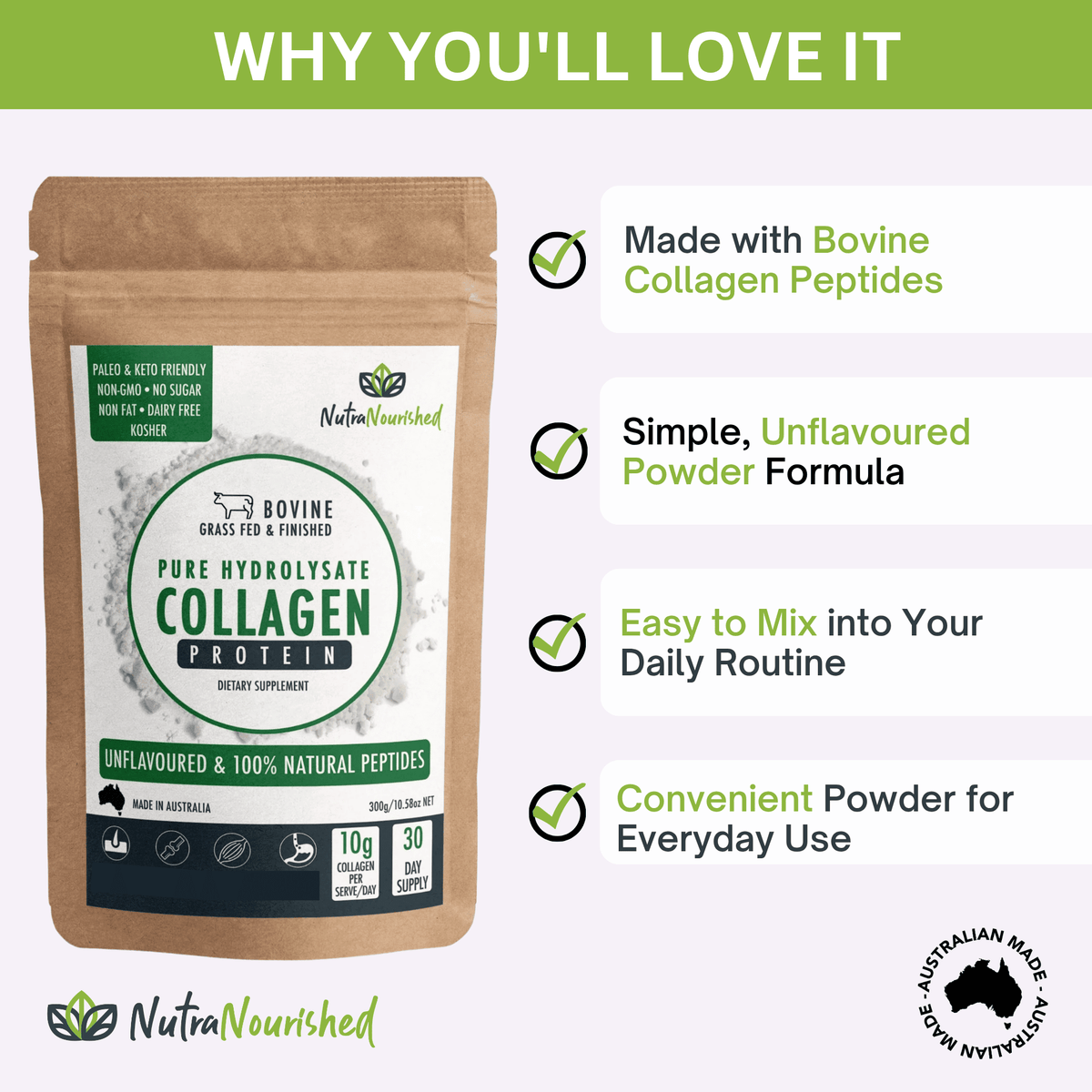 Bovine Collagen Peptides Powder Food Nutra Nourished COLLAGEN_BOVINE_300G