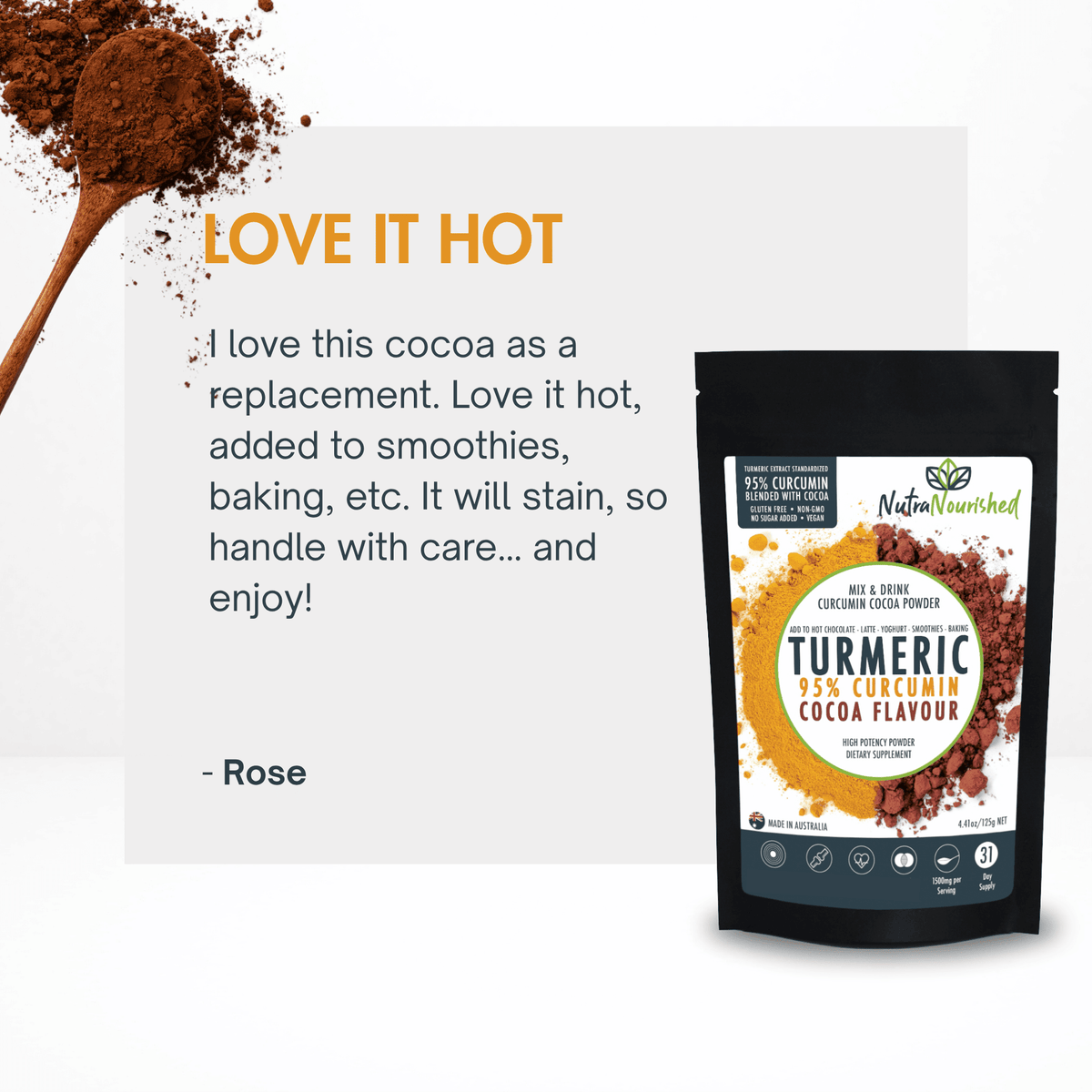 Curcumin 95% Turmeric Powder w/ Cocoa Flavour Dietary Supplement Nutra Nourished COCOA_NEW_125_FBM