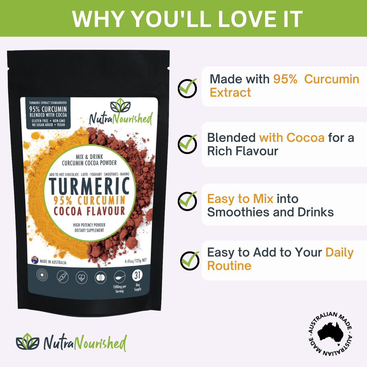 Curcumin 95% Turmeric Powder w/ Cocoa Flavour Dietary Supplement Nutra Nourished COCOA_NEW_125_FBM