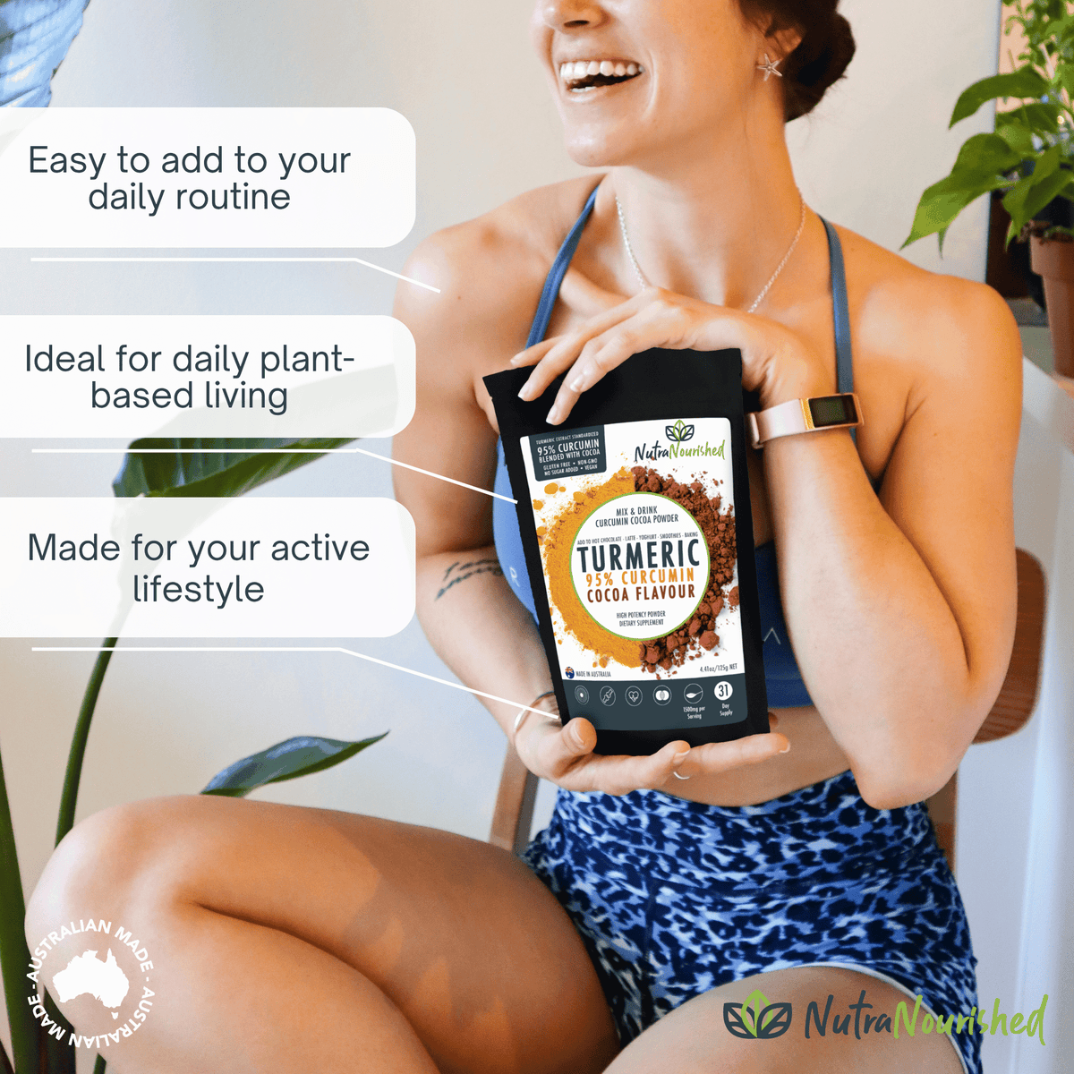 Curcumin 95% Turmeric Powder w/ Cocoa Flavour Dietary Supplement Nutra Nourished COCOA_NEW_125_FBM