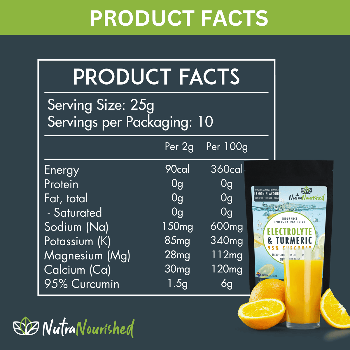 Electrolyte Hydration Powder Dietary Supplement Nutra Nourished ELECTRO_CURC_LEMON_250G_FBM