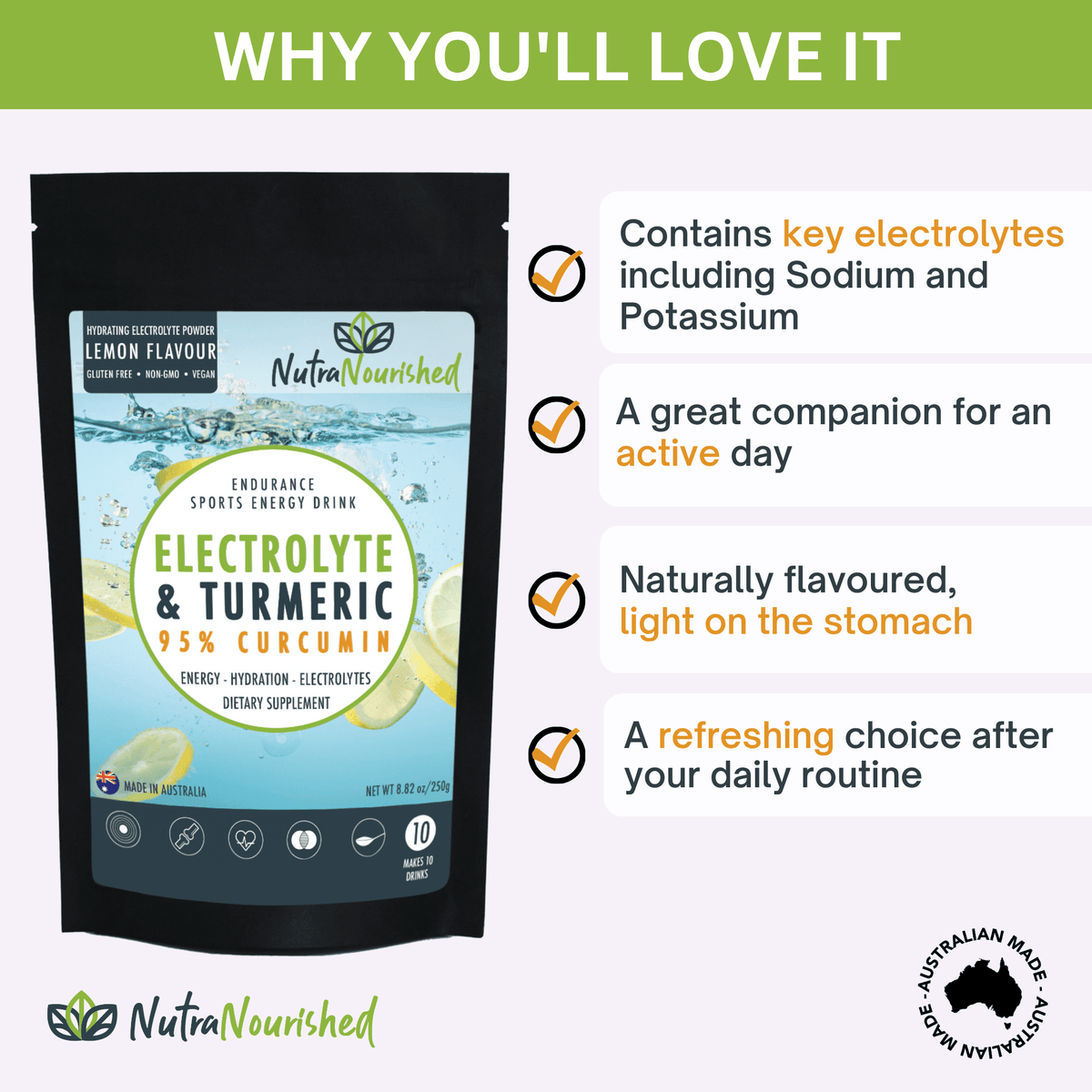 Electrolyte Hydration Powder Dietary Supplement Nutra Nourished ELECTRO_CURC_LEMON_250G_FBM
