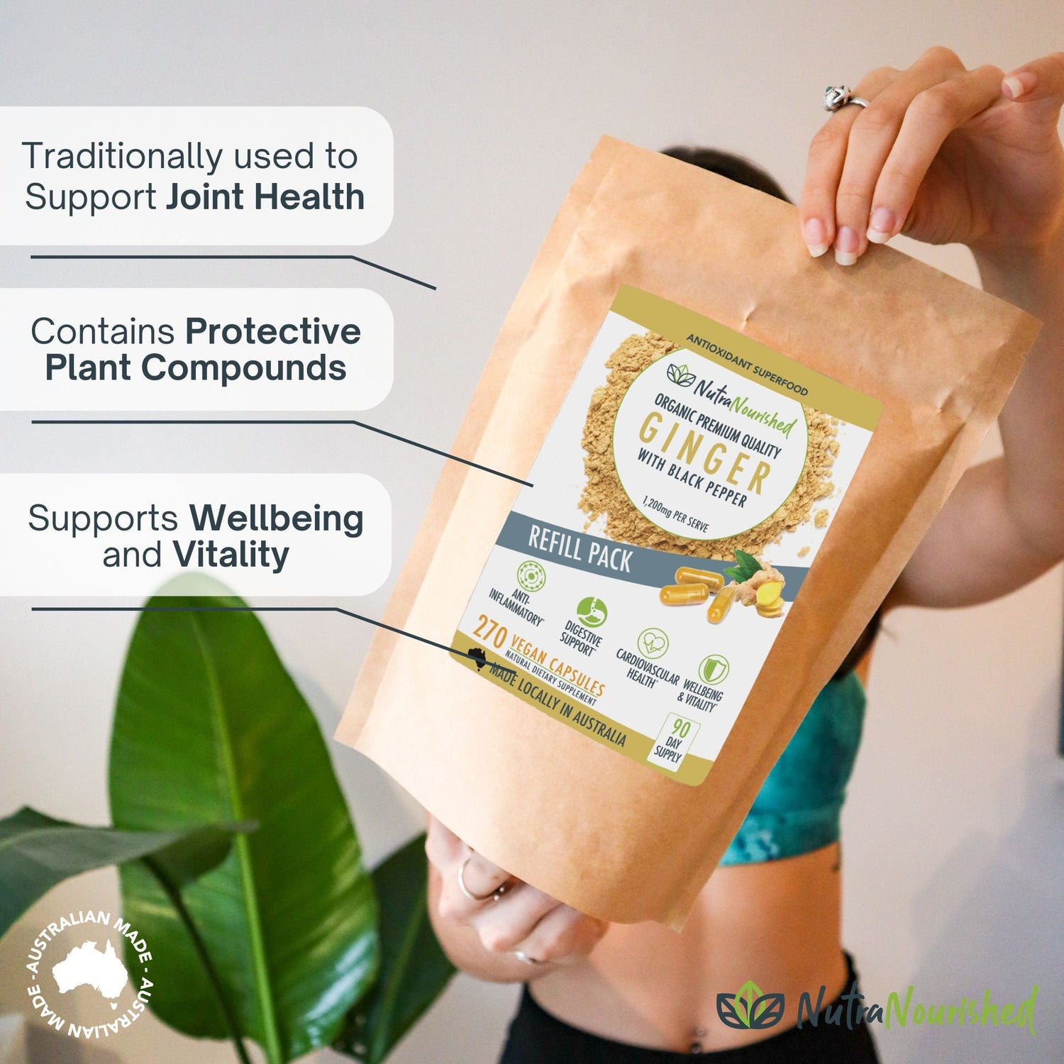 Light Gray Ginger Powder Capsules Buffered with Black Pepper - Refill Bag - 270 Vegan Capsules