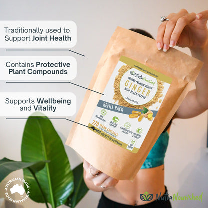 Light Gray Ginger Powder Capsules Buffered with Black Pepper - Refill Bag - 270 Vegan Capsules