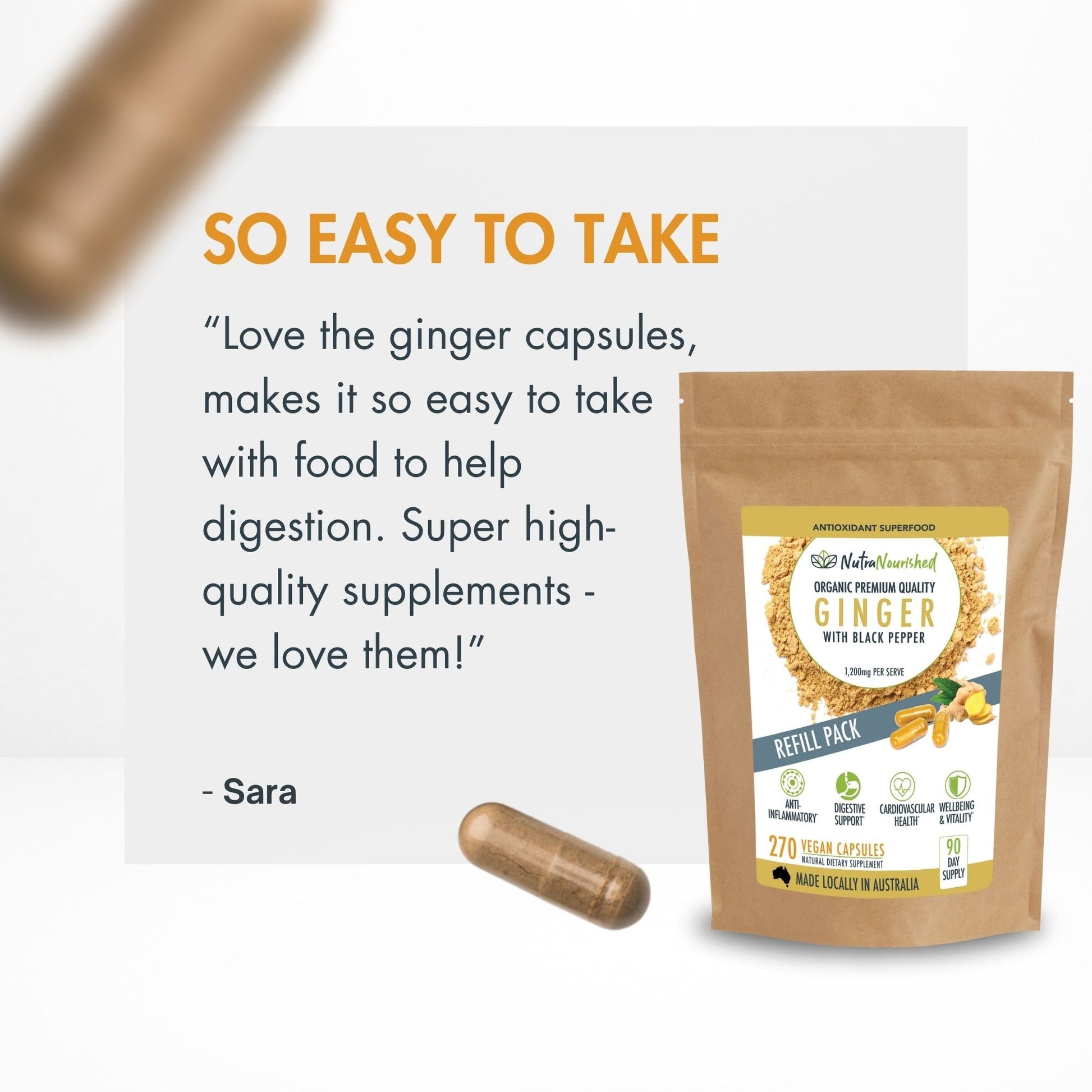 Antique White Ginger Powder Capsules Buffered with Black Pepper - Refill Bag - 270 Vegan Capsules