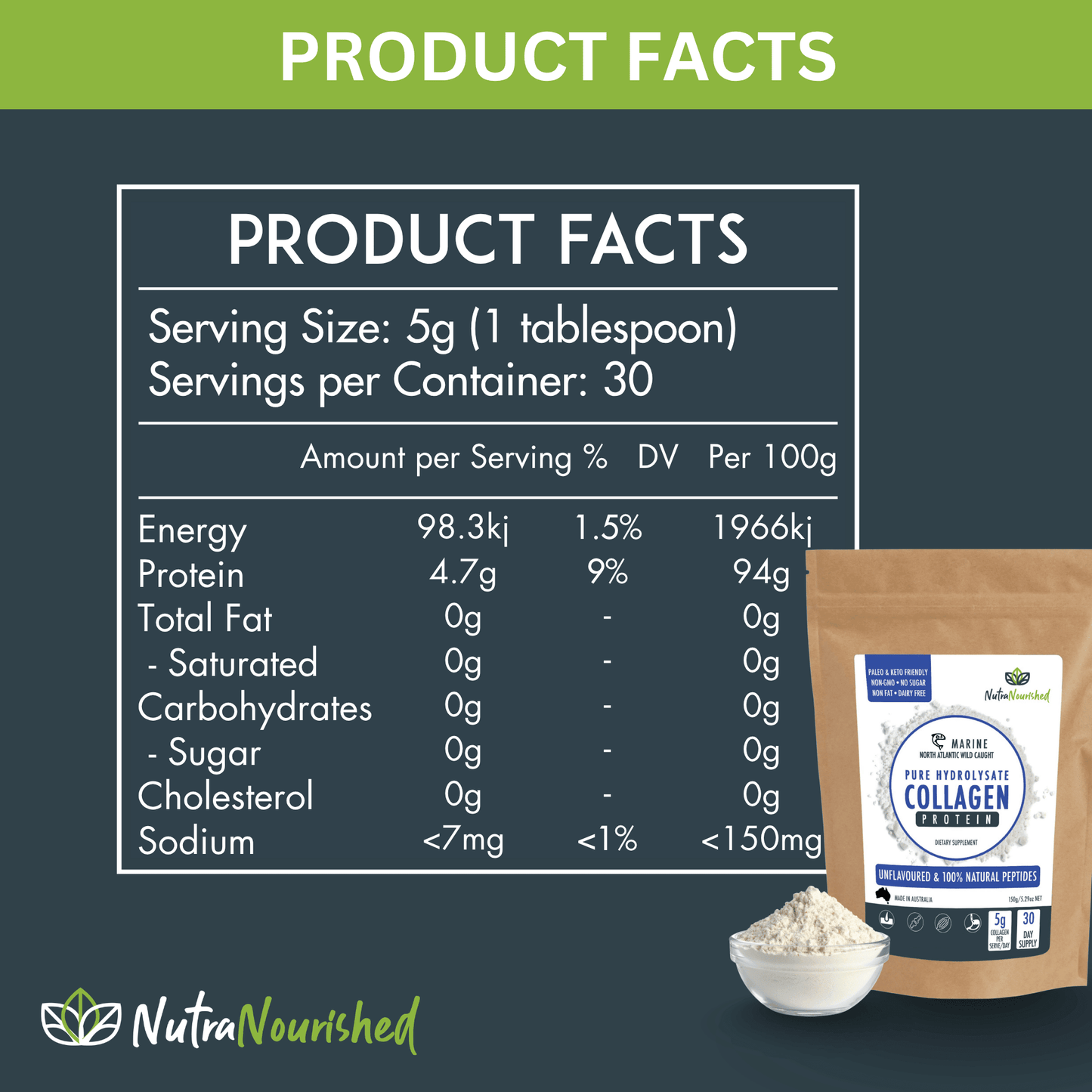 Marine Collagen Peptides Powder Dietary Supplement Nutra Nourished COLLAGEN_MARINE_150G
