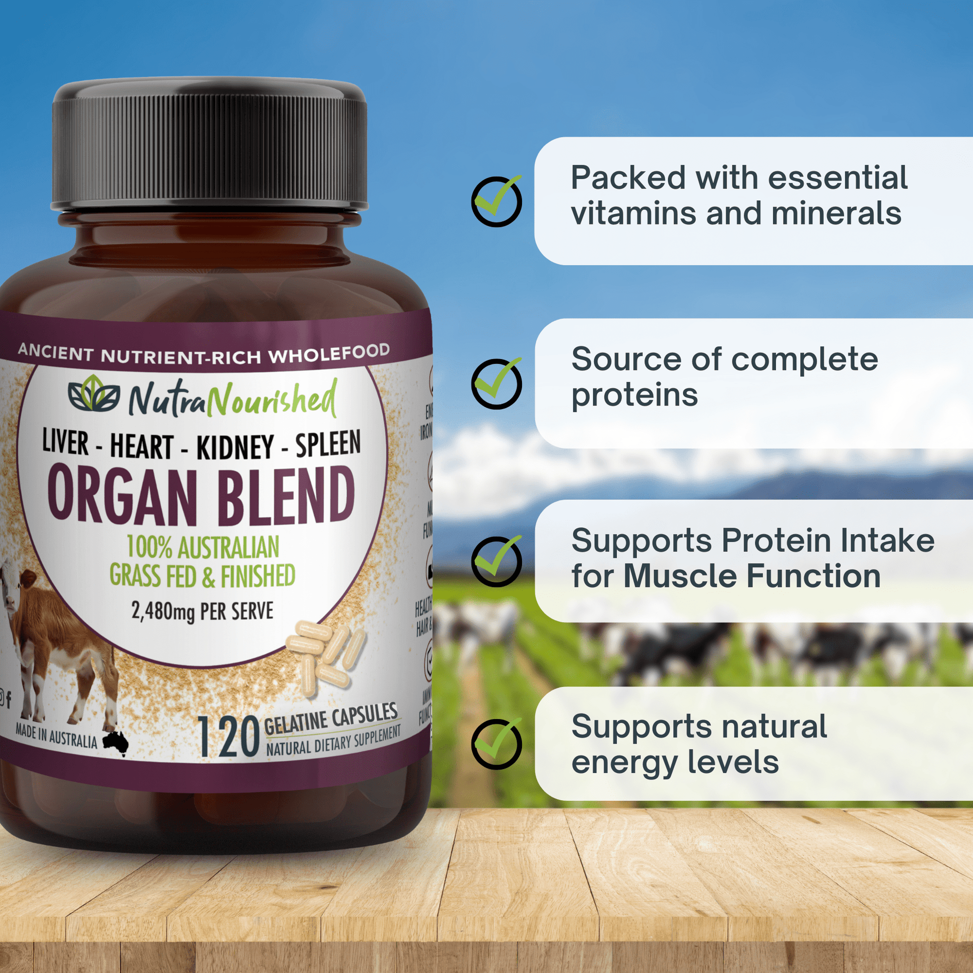 Light Gray Organ Blend Capsules | Liver, Heart, Kidney, Spleen | Organic Australian Grass-Fed Beef