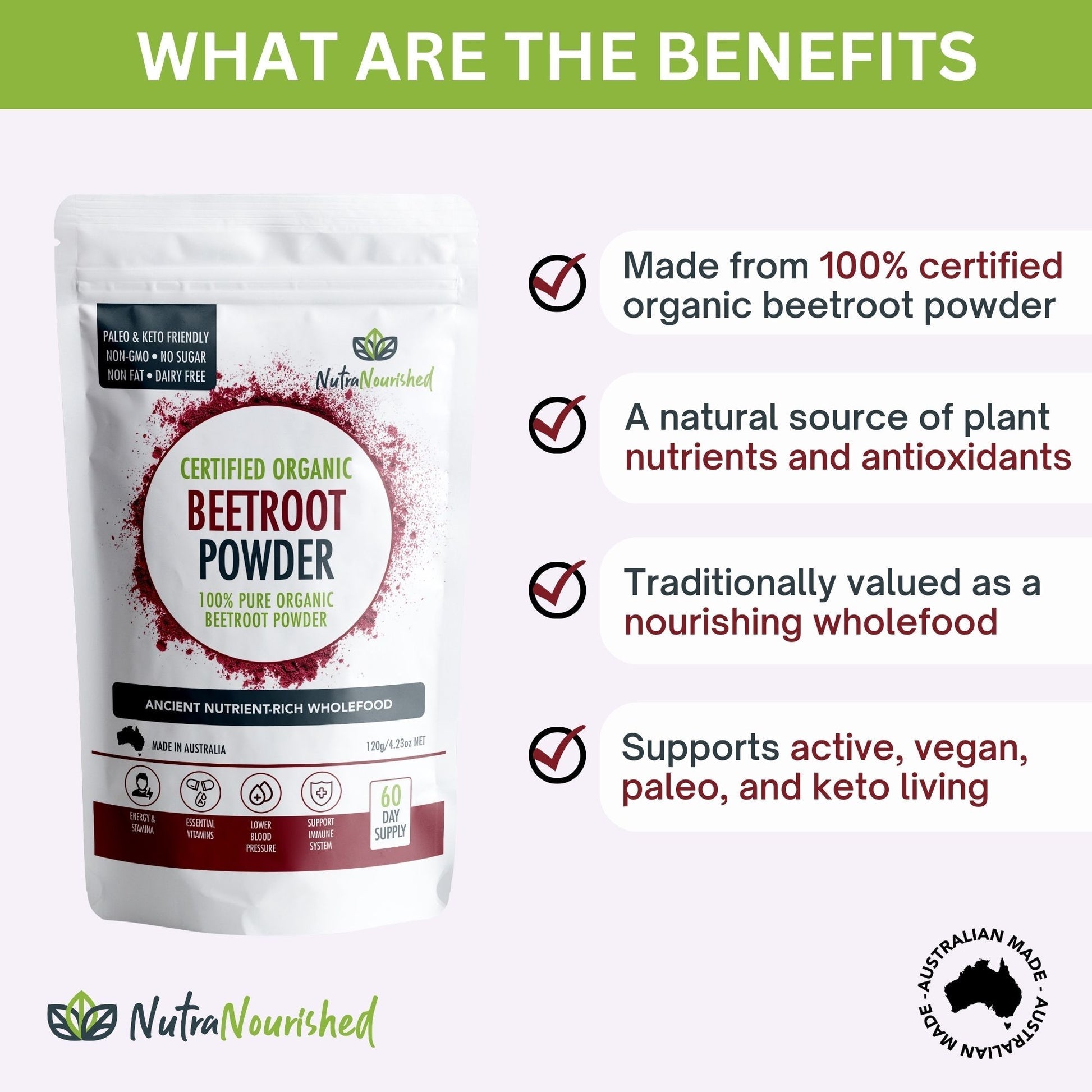 Organic Beetroot Powder Dietary Supplement Nutra Nourished BEETROOT_POWDER_60G
