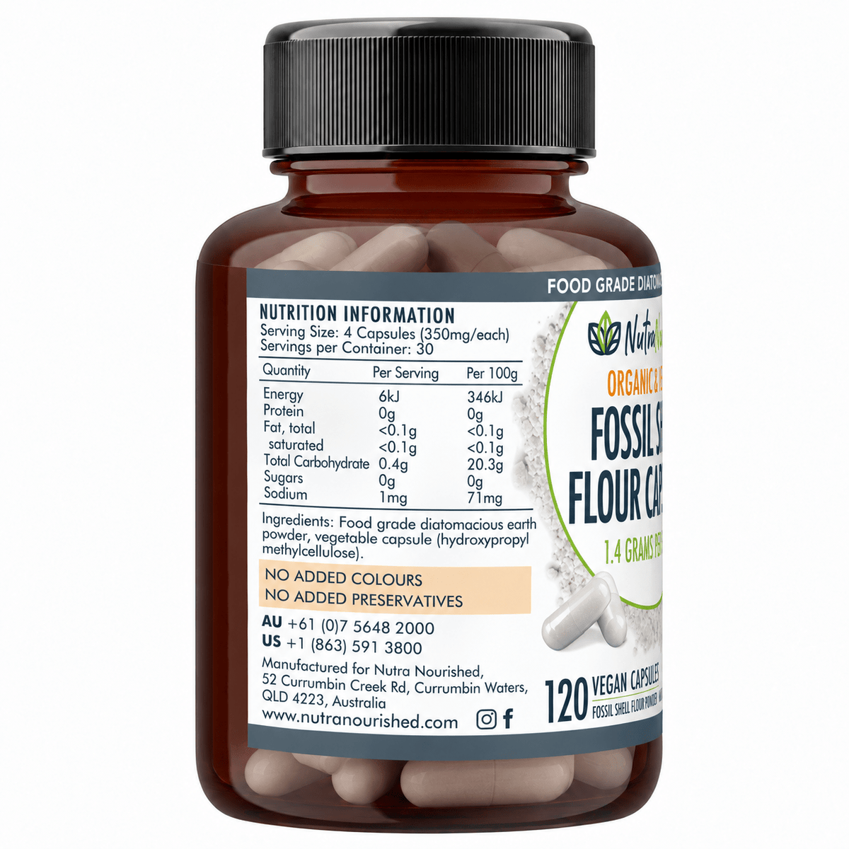 Organic Fossil Shell Flour Capsules – Food Grade Diatomaceous Earth Food Nutra Nourished FSF_CAPS_120