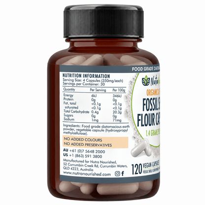 Organic Fossil Shell Flour Capsules – Food Grade Diatomaceous Earth Food Nutra Nourished FSF_CAPS_120