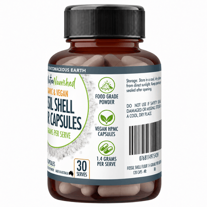 Organic Fossil Shell Flour Capsules – Food Grade Diatomaceous Earth Food Nutra Nourished FSF_CAPS_120