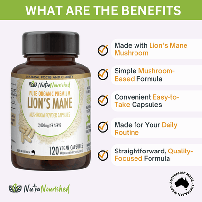 Organic Lion’s Mane Mushroom Capsules Dietary Supplement Nutra Nourished LIONSMANE_CAPS_120