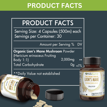 Organic Lion’s Mane Mushroom Capsules Food Nutra Nourished LIONSMANE_CAPS_120