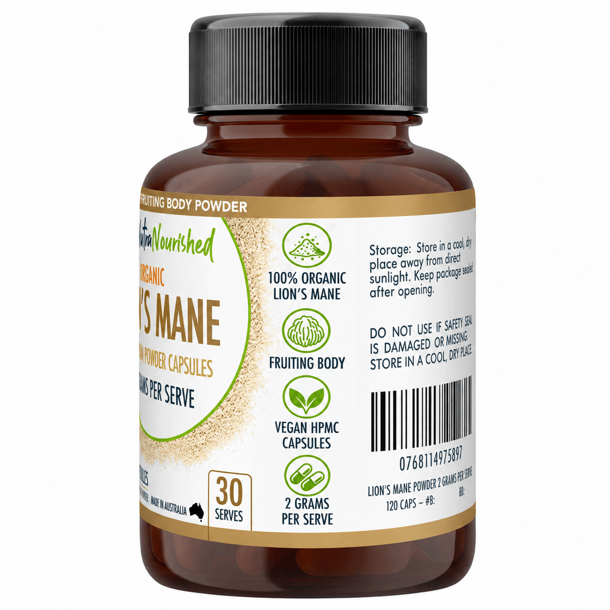 Organic Lion’s Mane Mushroom Capsules Food Nutra Nourished LIONSMANE_CAPS_120