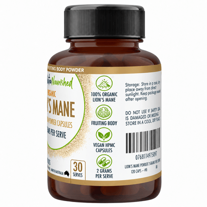 Organic Lion’s Mane Mushroom Capsules Food Nutra Nourished LIONSMANE_CAPS_120
