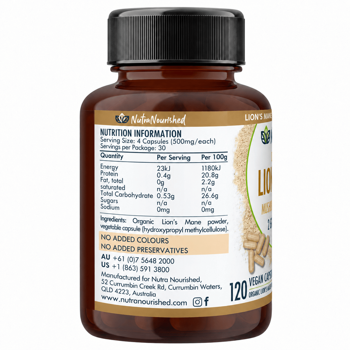 Organic Lion’s Mane Mushroom Capsules Food Nutra Nourished LIONSMANE_CAPS_120