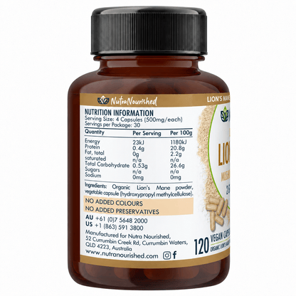 Organic Lion’s Mane Mushroom Capsules Food Nutra Nourished LIONSMANE_CAPS_120