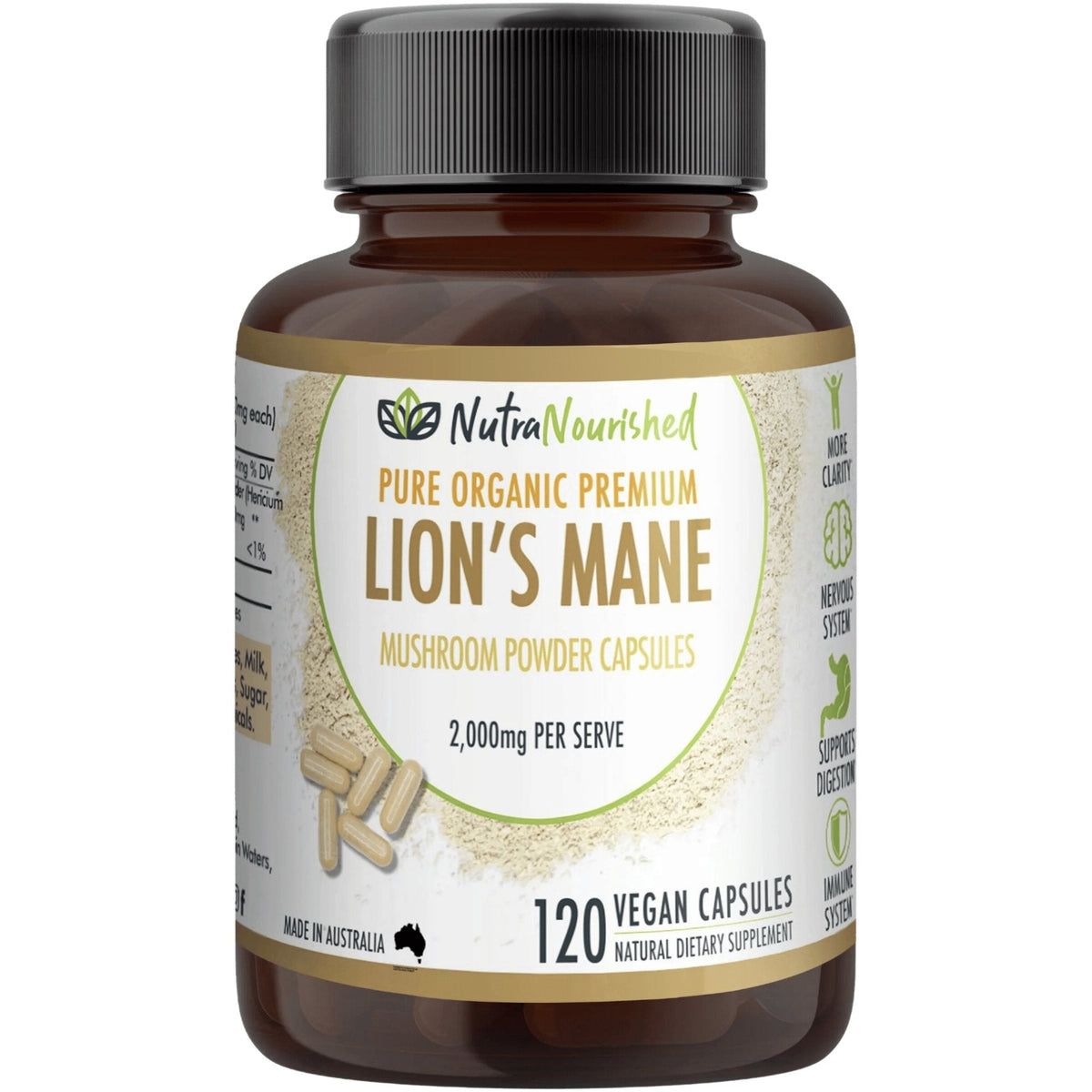 Organic Lion’s Mane Mushroom Capsules Food Nutra Nourished LIONSMANE_CAPS_120