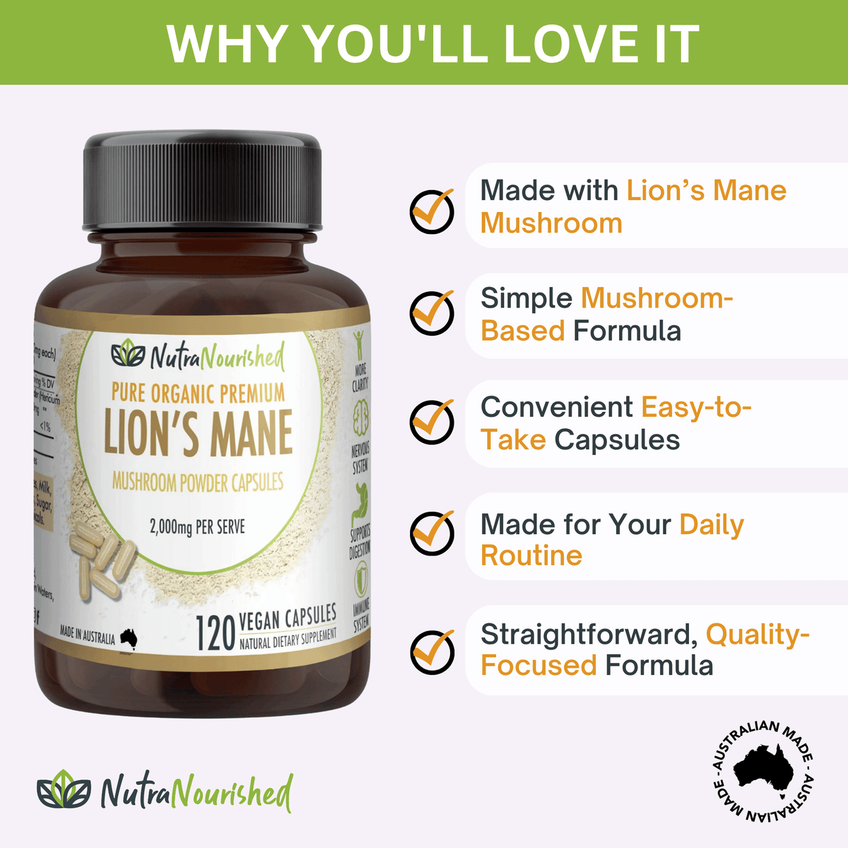 Organic Lion’s Mane Mushroom Capsules Food Nutra Nourished LIONSMANE_CAPS_120